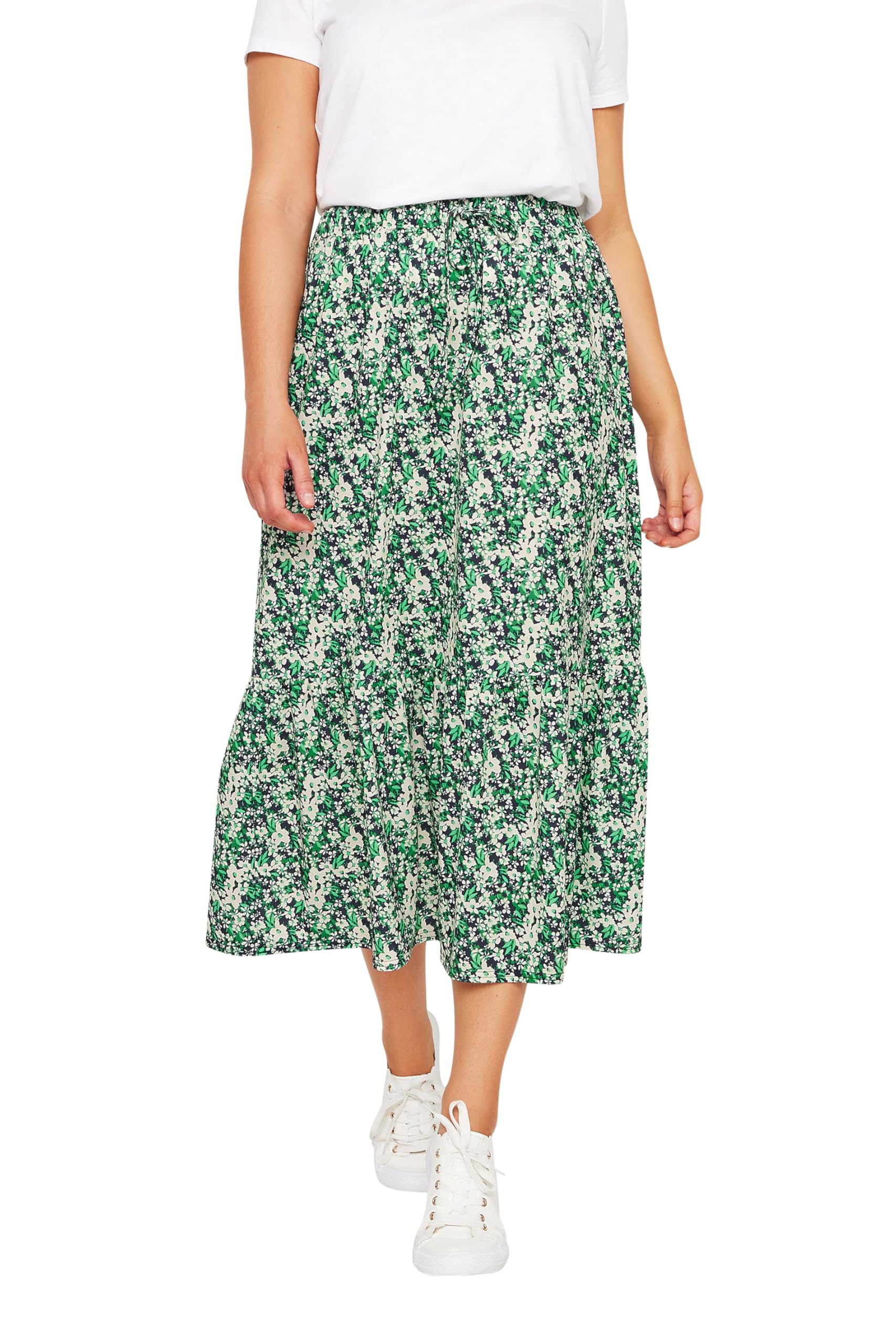 M&Co Women's Green Ditsy Floral Print Tiered Midi Skirt Size 14
