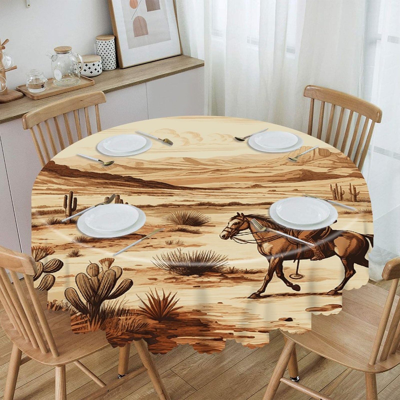 West Desert Cactus with Cowboys Riding Horses Round Tablecloth Wipeable Round Polyester Tablecloth Waterproof Wrinkle Free Indoor And Outdoor Table Cover 60 Inch Decorative Farmhouse Table Cloth for D