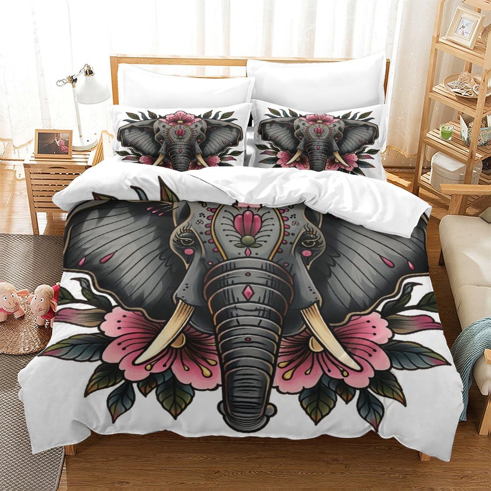 3D Printed Elephant Duvet Cover Sets Bedding Set Quilt Covers Zipper Closure Comforter Cover Microfibre Duvet Cover 3 Piece Duvet Cover Set for Teens And Adults Quilt Cover Set Single（140x200cm）