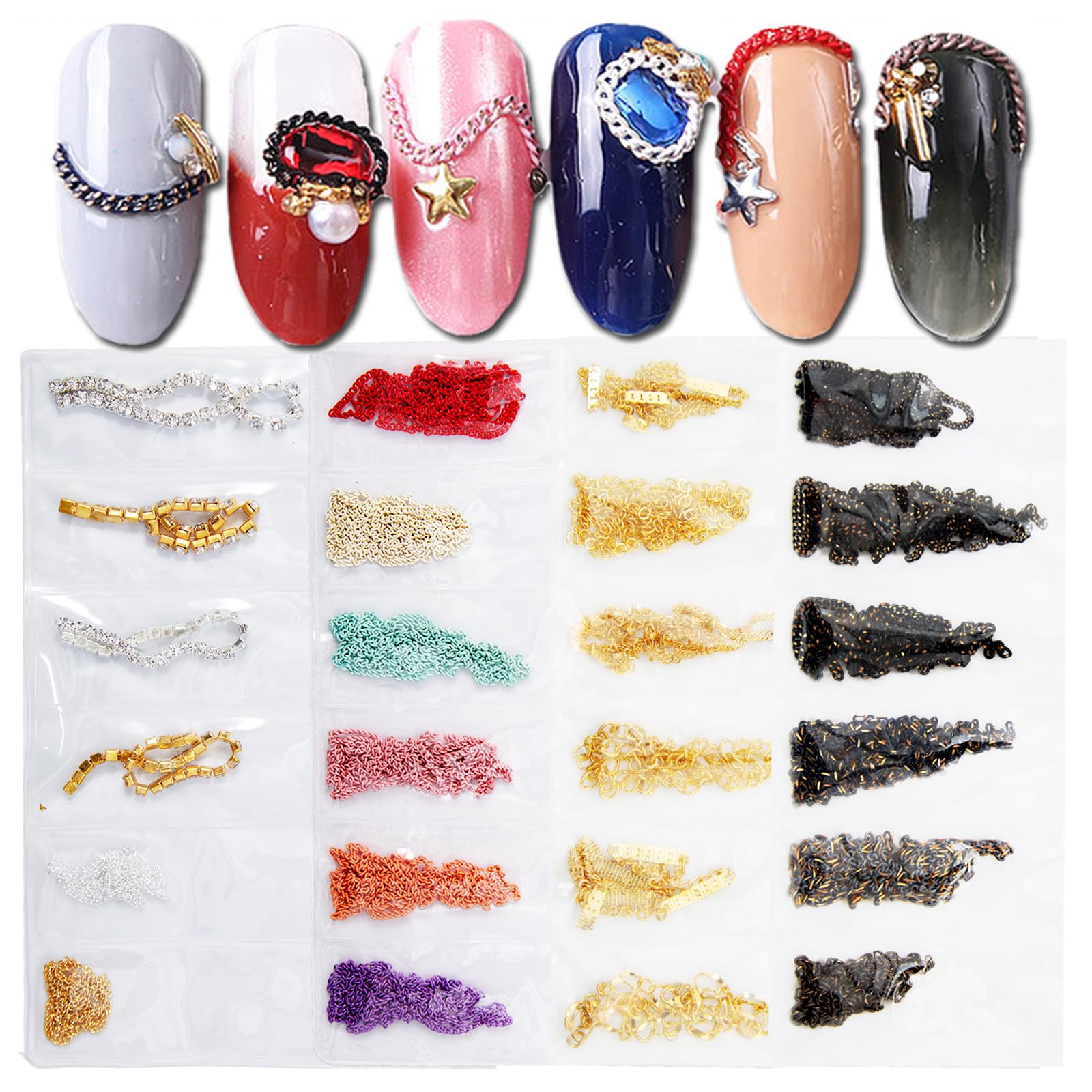 4 paquetes de 24 tiras de cadenas de uñas para arte de uñas, oro, plata, negro, multicolor, aleación de metal, cadenas de arte de uñas, dijes de uñas dorados, dijes de uñas plateados