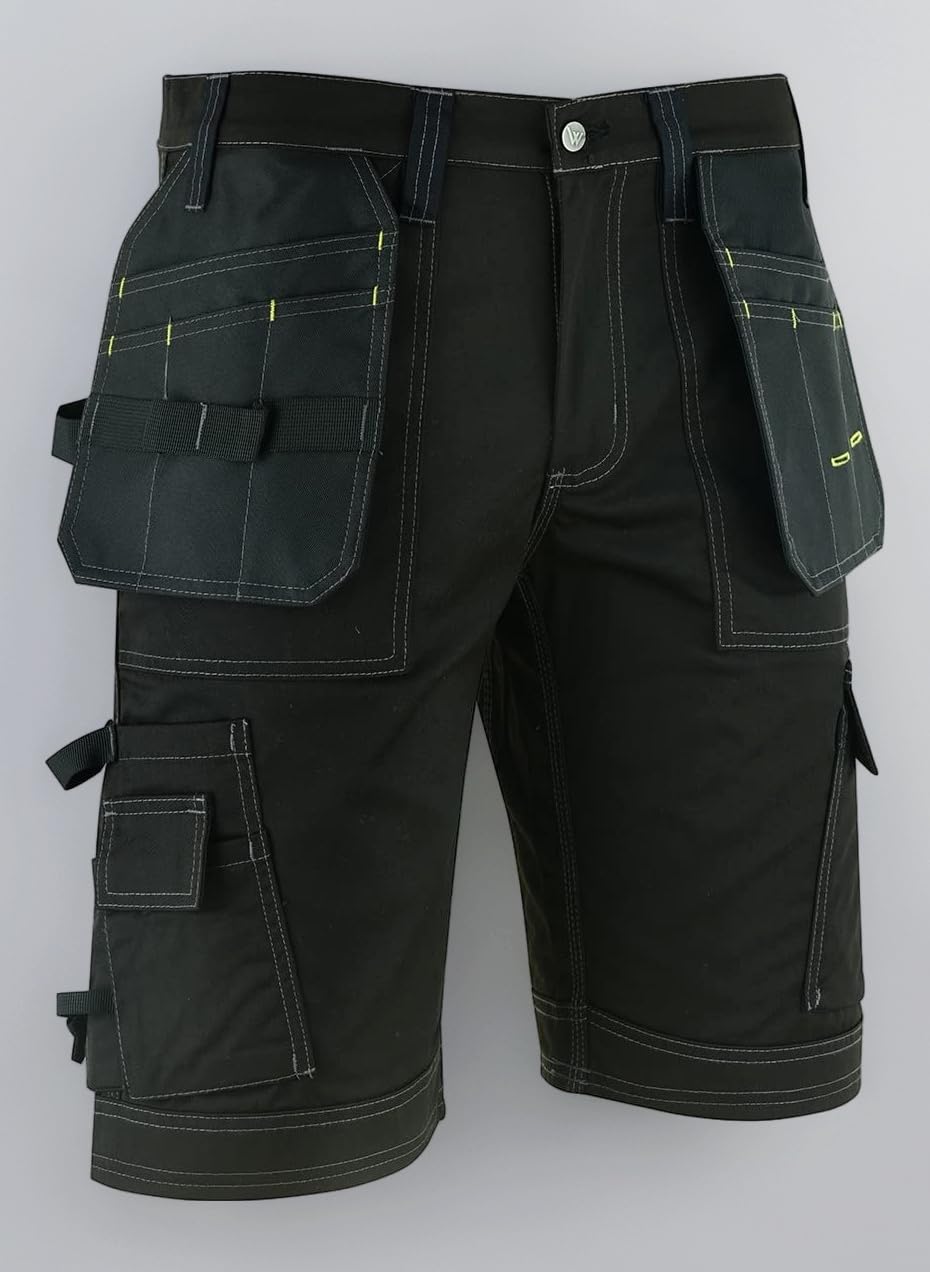 WrightFits Men Pro Builder Work Shorts - Black - Heavy Duty Safety Combat Cargo Summer Shorts – Multi Holster Pockets - Triple Stitched Durable Workwear