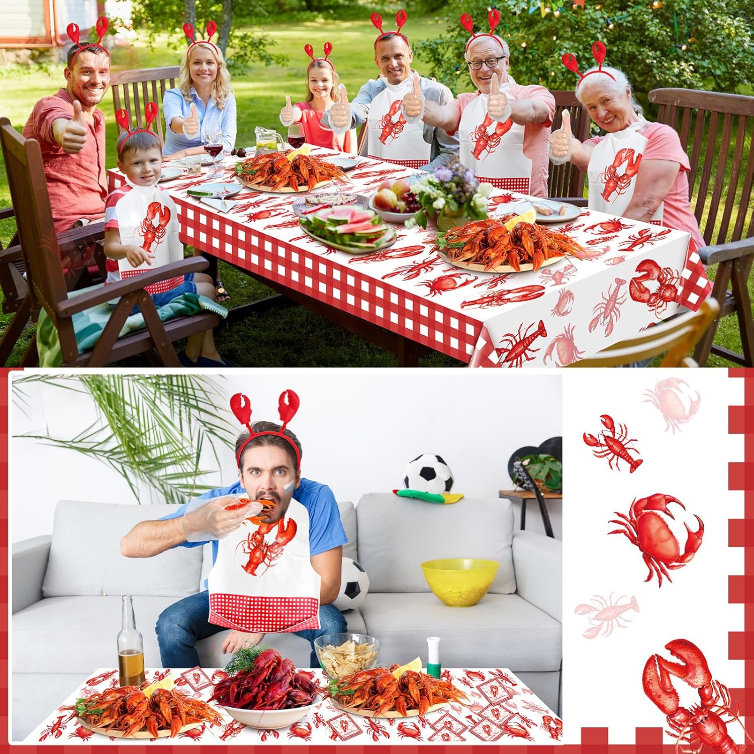 112 Pcs Seafood Crawfish Boil Party Supplies with 50 Crab Lobster Bibs 50 Disposable Gloves 10 Crab Headbands 2 Lobster Tablecloth 108 x 54 Inches Disposable Accessories for Seafood Party