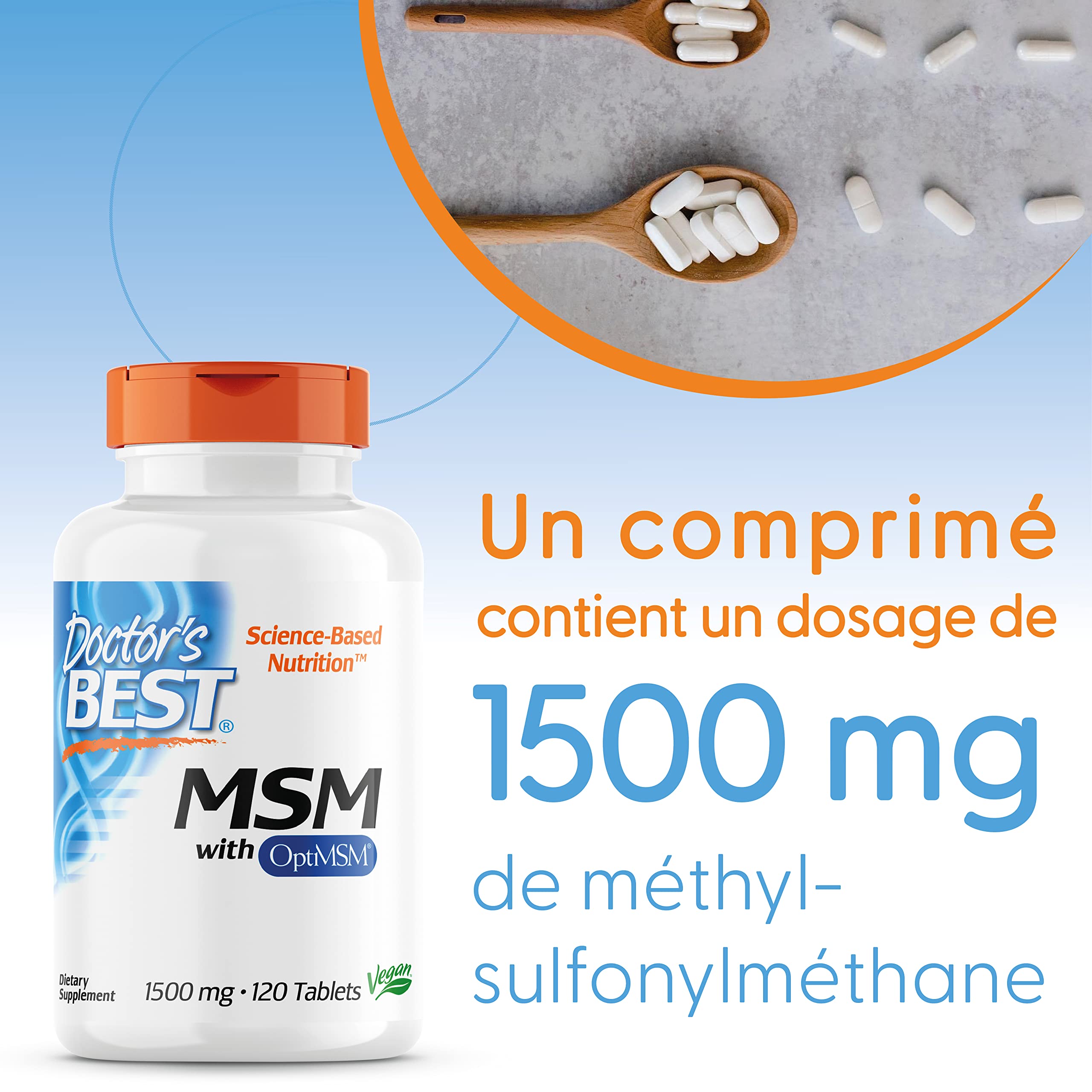 Doctor's Best, MSM, avec OptiMSM, 1.500 mg, 120 Comprimés végétaliens, Hautement Dosé, Testé en Laboratoire, Sans Soja, Sans Gluten, Sans OGM, Soufre Naturel
