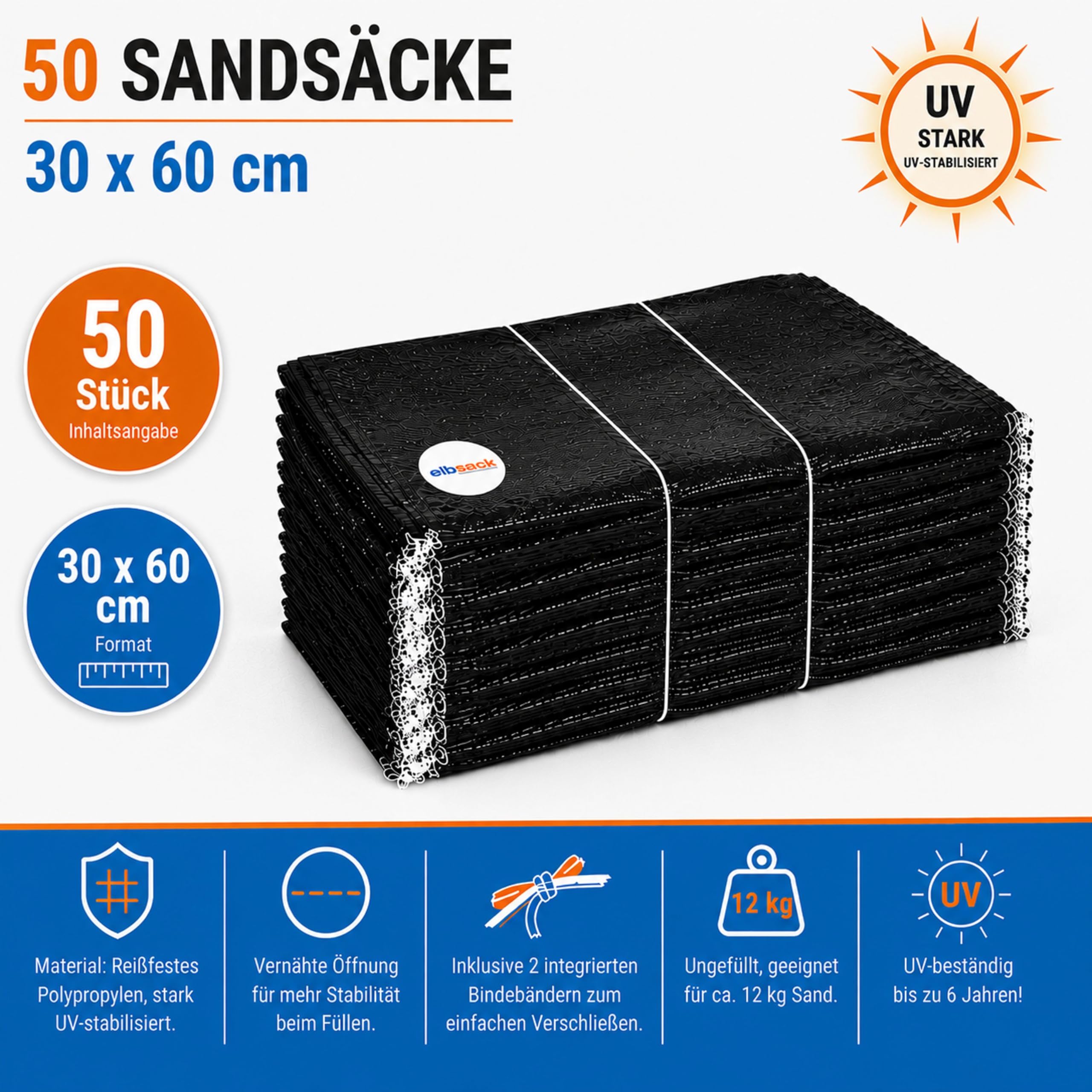 50 ELBSACK® Premium-Sandsäcke PP 60x30cm Schwarz mit Kopfsaum, UV-stabil