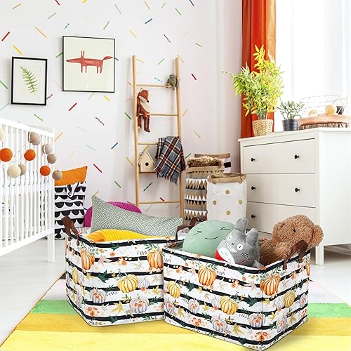 Miniatura 7 de Cesta de almacenamiento de calabaza de otoño, plegable, con asas de cuero, impermeable, caja de almacenamiento de lona para armario, juguetes, ropa,