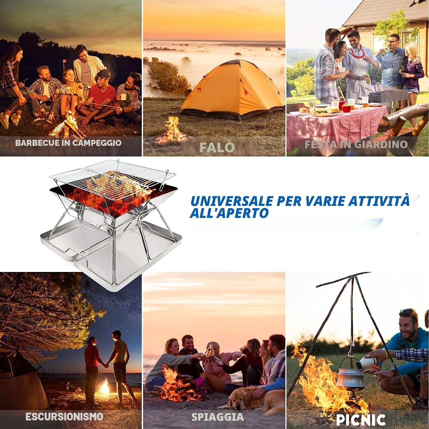 KAHEIGN Pozzo del Fuoco Dell'acciaio Inossidabile, Griglia per Barbecue Pieghevole Pozzo del Falò Portatile Griglia a Carbone a Legna Sollevabile - con Ferro Scatola, Borsa per Trasporto