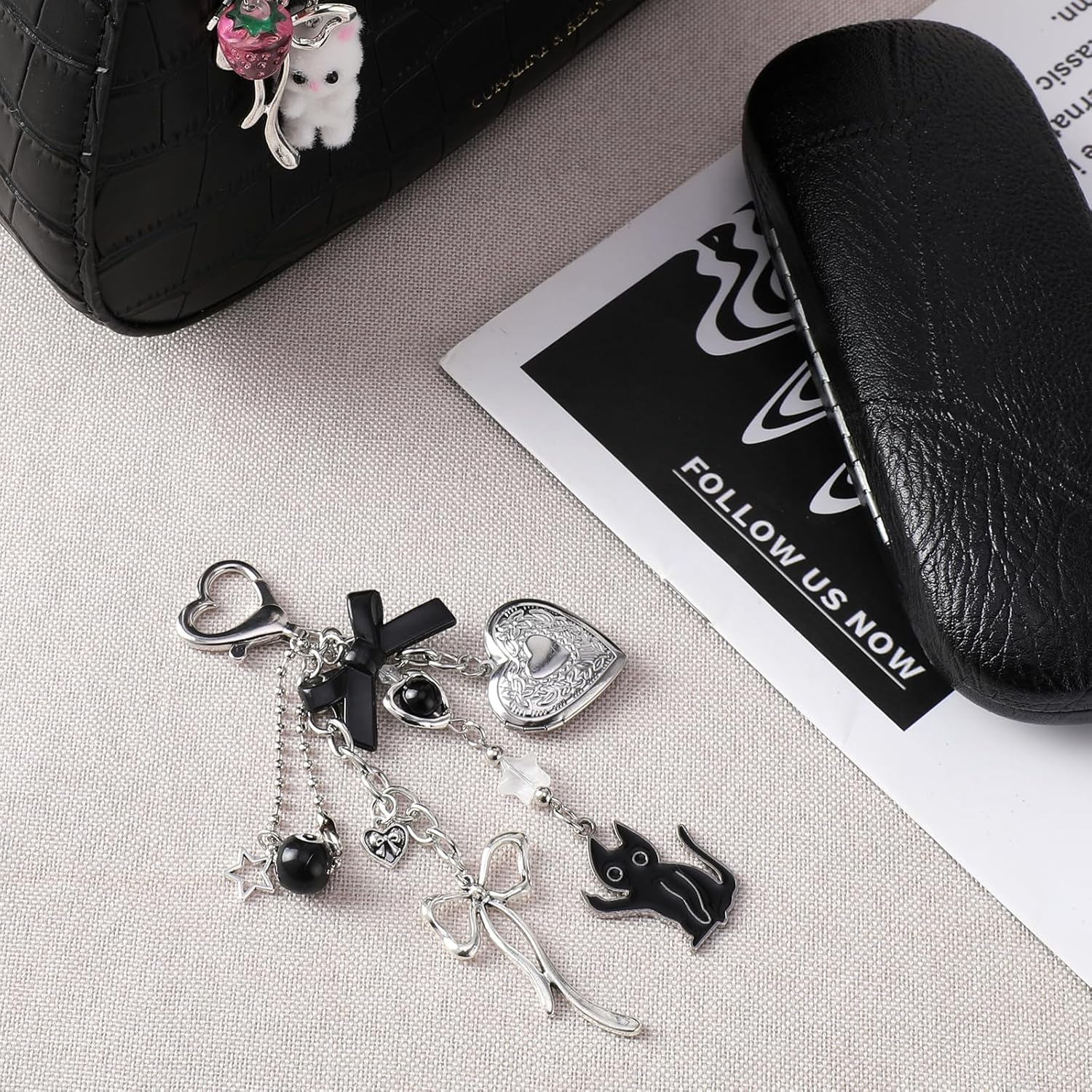 Y2k Aesthetic Silver Keychain Charms - Bag Charm Bowknot Heart Locket Photo Key Chain Accessories for Keys Purse - Image 2