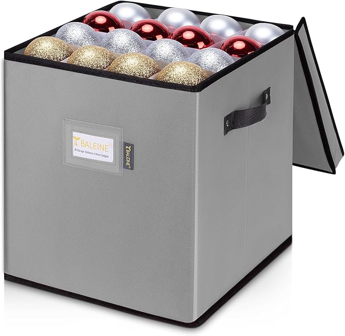 Christmas Ornament Storage Box with Dividers, Premium Holiday Ornaments Storage Container Bin for Xmas Decorations (64 Ball, Grey, Without Tray)