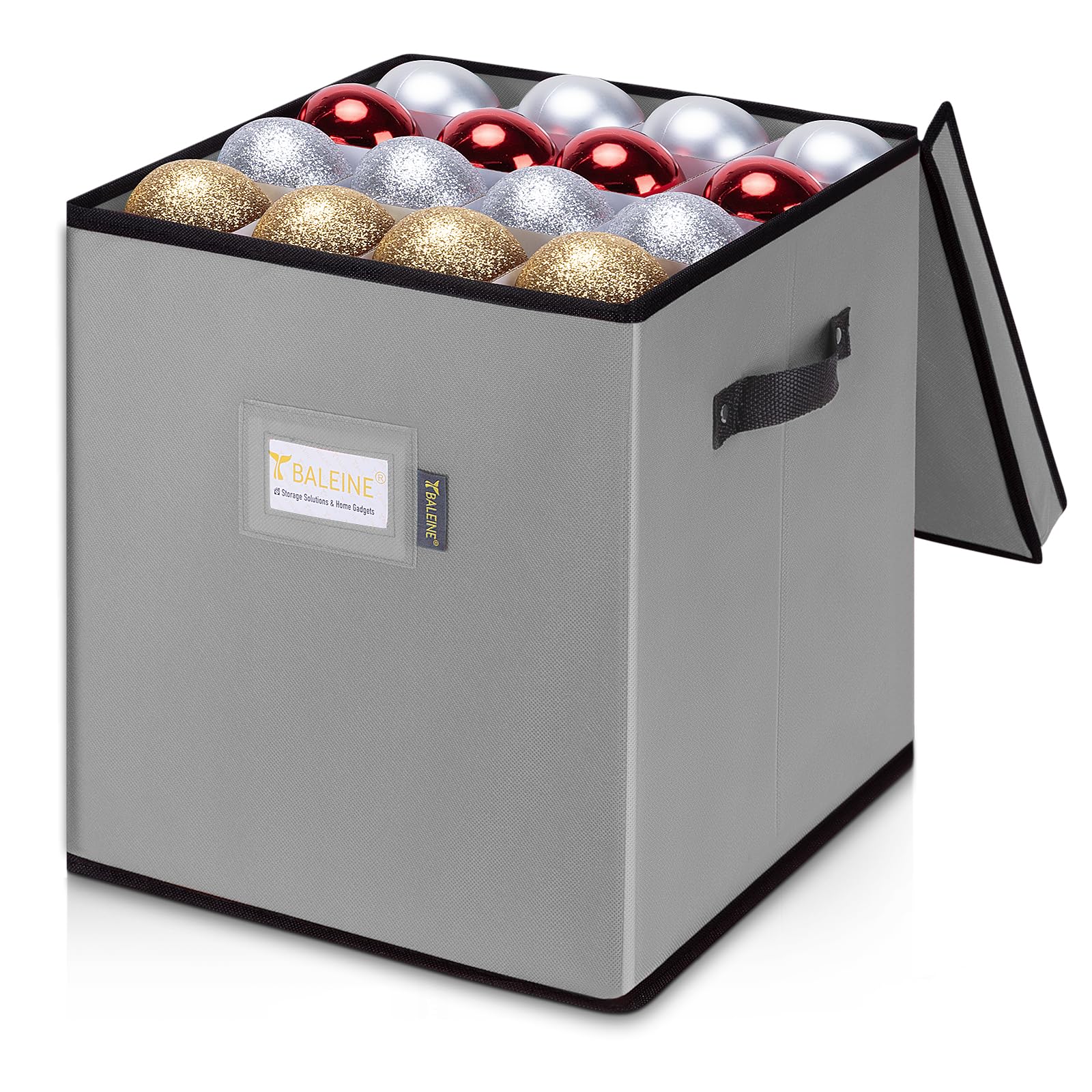 BALEINE Christmas Ornament Storage Box with Dividers, Premium Holiday Ornaments Storage Container Bin for Xmas Decorations (64 Ball, Grey, Without Tray)