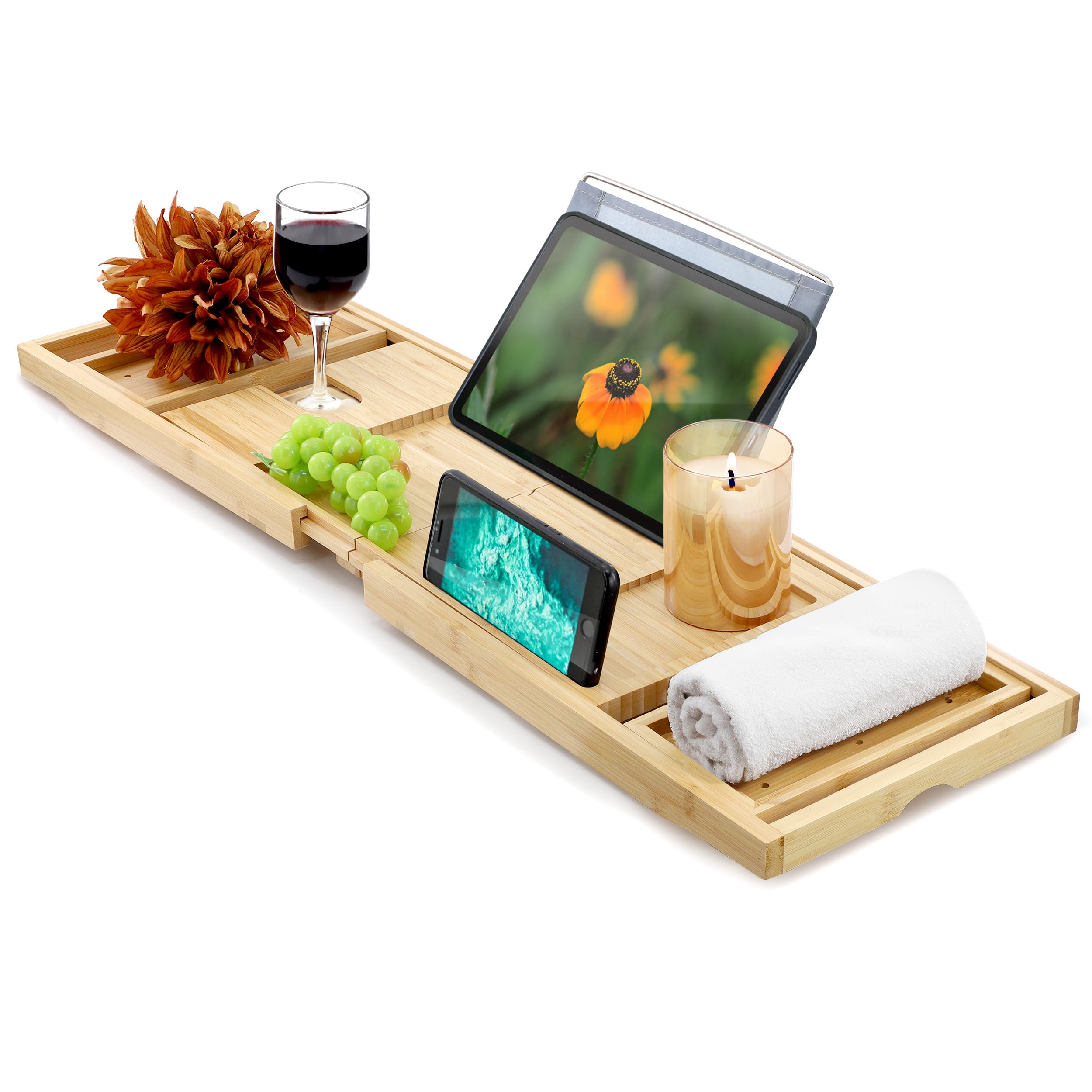Elama Expandable Bamboo Bath Tray, Adjustable Bathtub Caddy with Book & Tablet Holder, Wine Glass Slot, and Spa Accessory Compartments