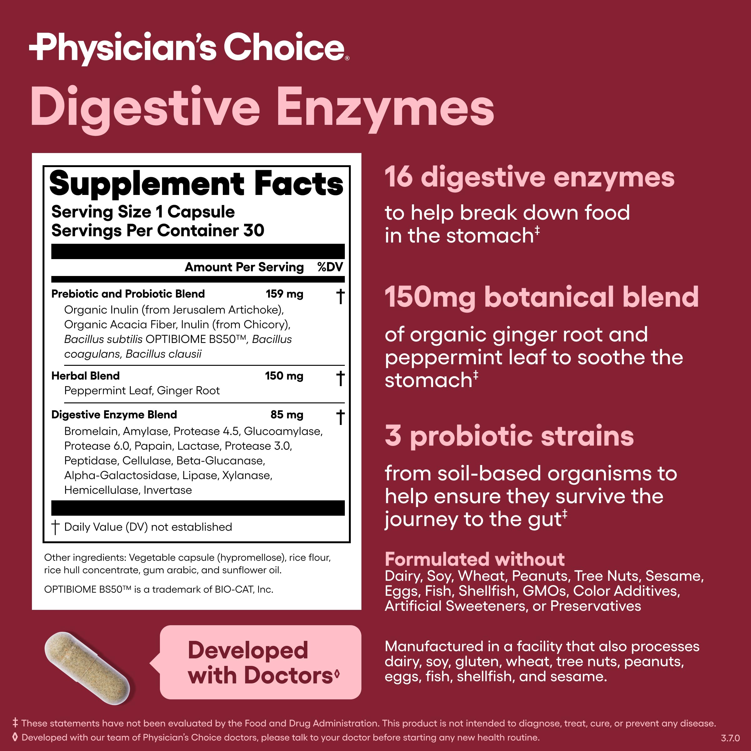 Physician's CHOICE Enzimi digestivi - Multienzimi, bromelina, prebiotici e probiotici organici per la salute digestiva e la salute intestinale - Gonfiore e disagio al momento del pasto - Du