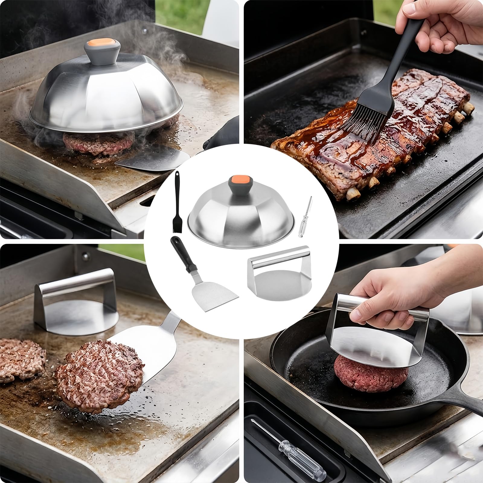 Set utensili per griglia e pressa per hamburger, set da cucina per barbecue da 5 in acciaio inossidabile con cupola per imbastitura, spatola e pennello Pressa per hamburger, strumento