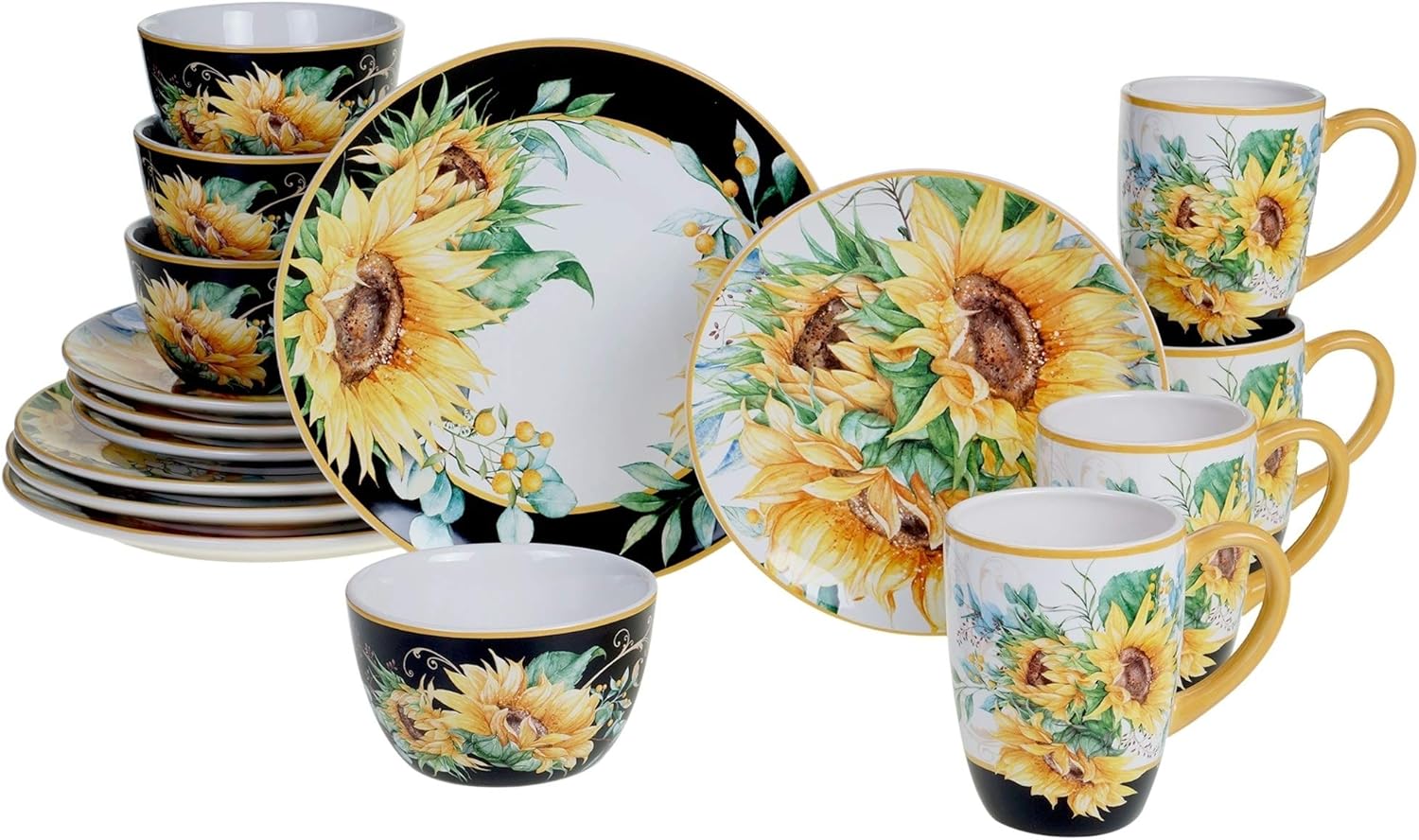 Sunflower Fields 16-Piece Dinnerware Set (Service for 4) Multi Color White Yellow Floral Farmhouse Modern Contemporary Round 16 Piece Dishwasher Safe Microwave