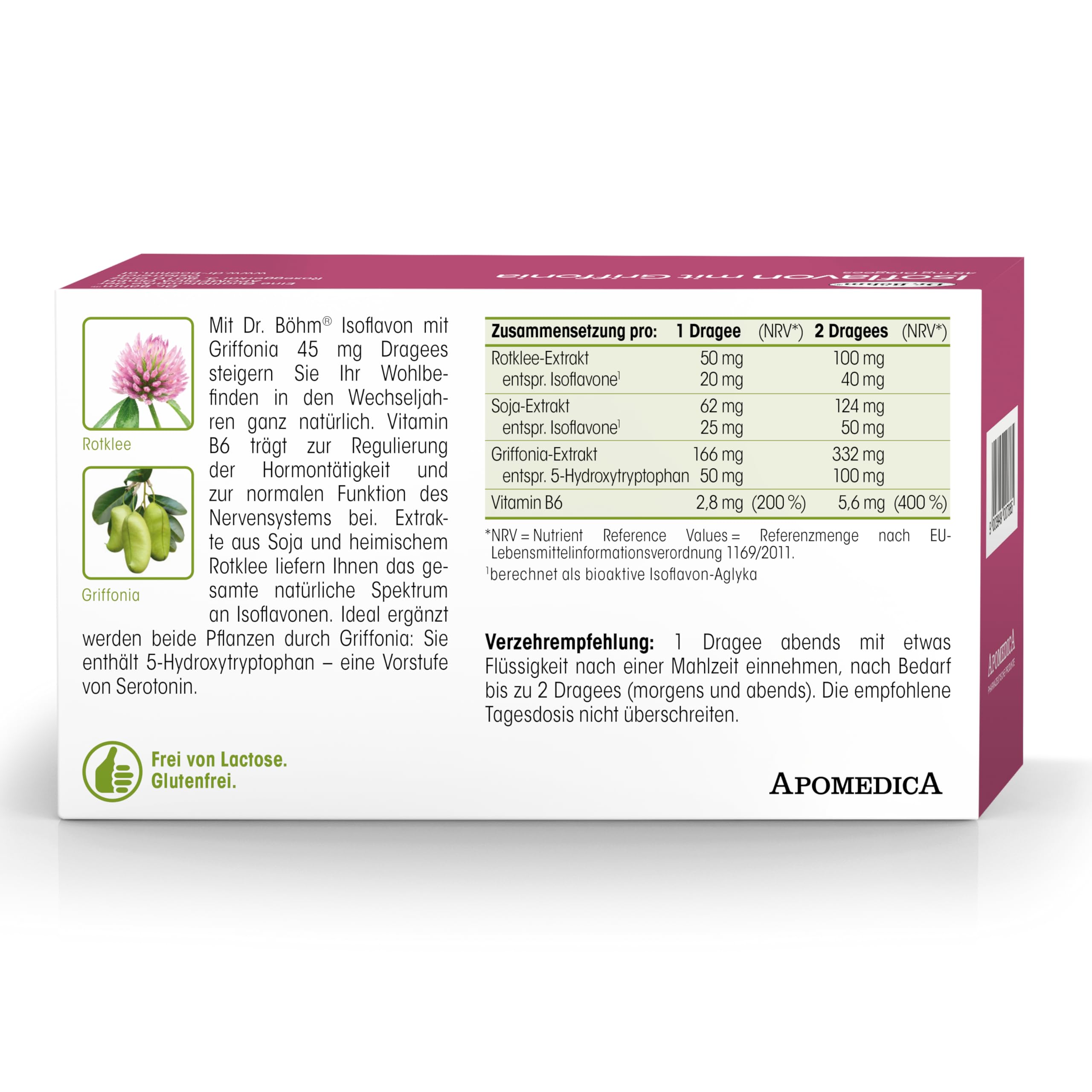 Dr. Böhm Isoflavon mit Griffonia: Für Wohlbefinden und innere Balance während der Wechseljahre, mit Vitamin B6, Soja- und Rotklee-Extrakt, 60 Dragees