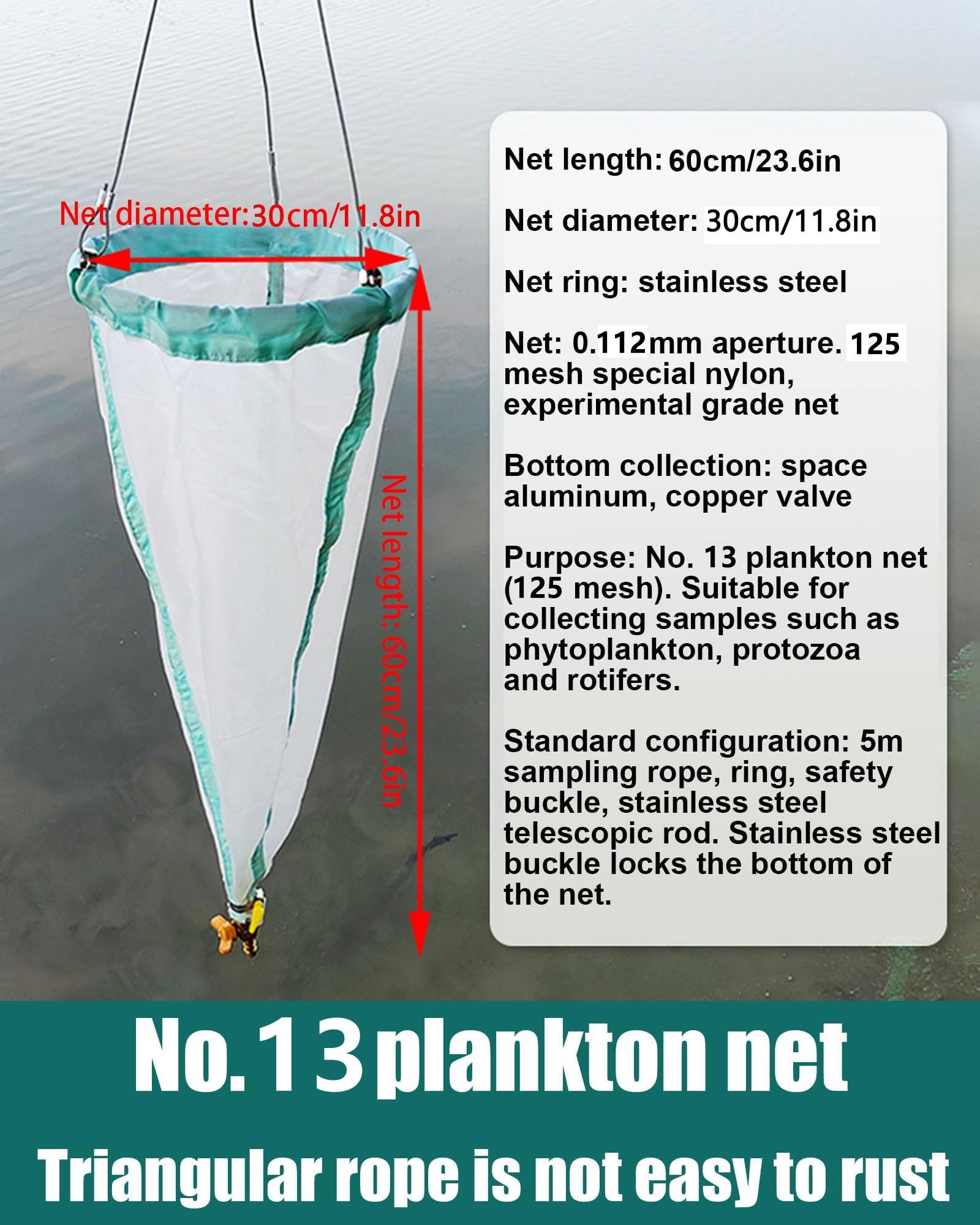 Rete for plancton a 200 maglie - 23,62 pollici di lunghezza, 11,81 pollici di diametro, apertura di 64 μm, nylon sperimentale ispessito, rete for plancton a maglia fine da 25 libbre con corda di campi