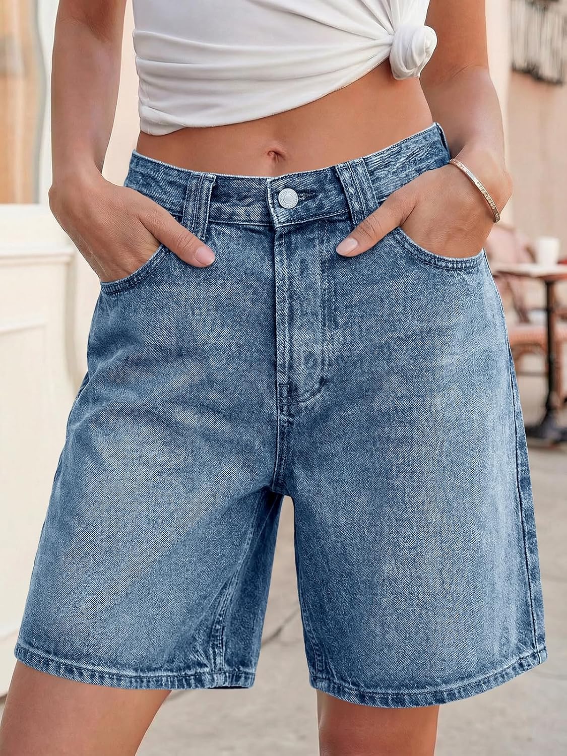 Tankaneo Womens Baggy Jorts Denim Bermuda Shorts Knee Length High Waisted Wide Leg Y2k Loose Long Jeans Shorts