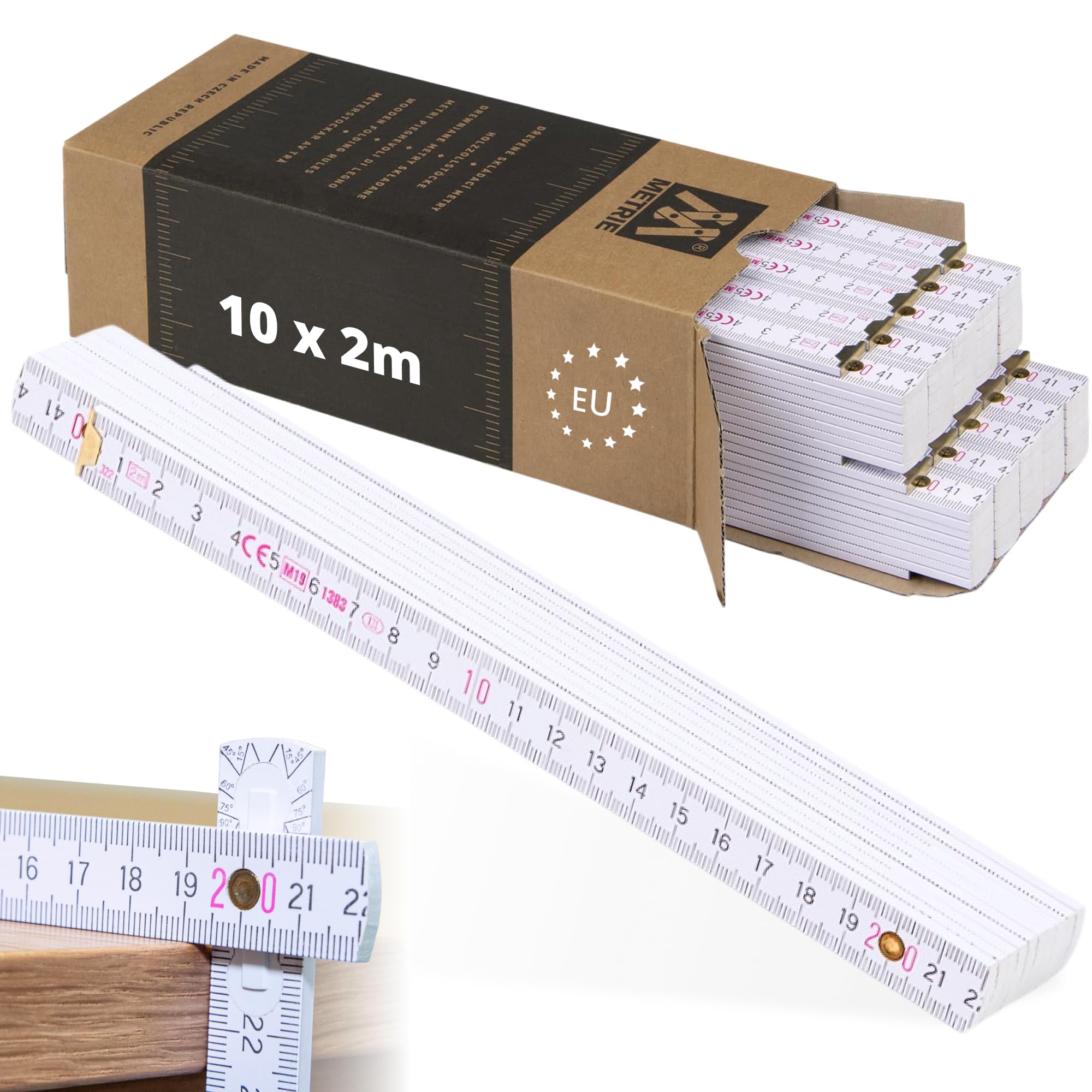 Metrie™ Mètres pliants – Mètres en bois 2 m | Mètres – BLANC – Échelle duplex, Fabriqués dans l’UE | Robustes et précis | pour Artisans et Bricoleurs | BLOCK 72 – 10 pièce