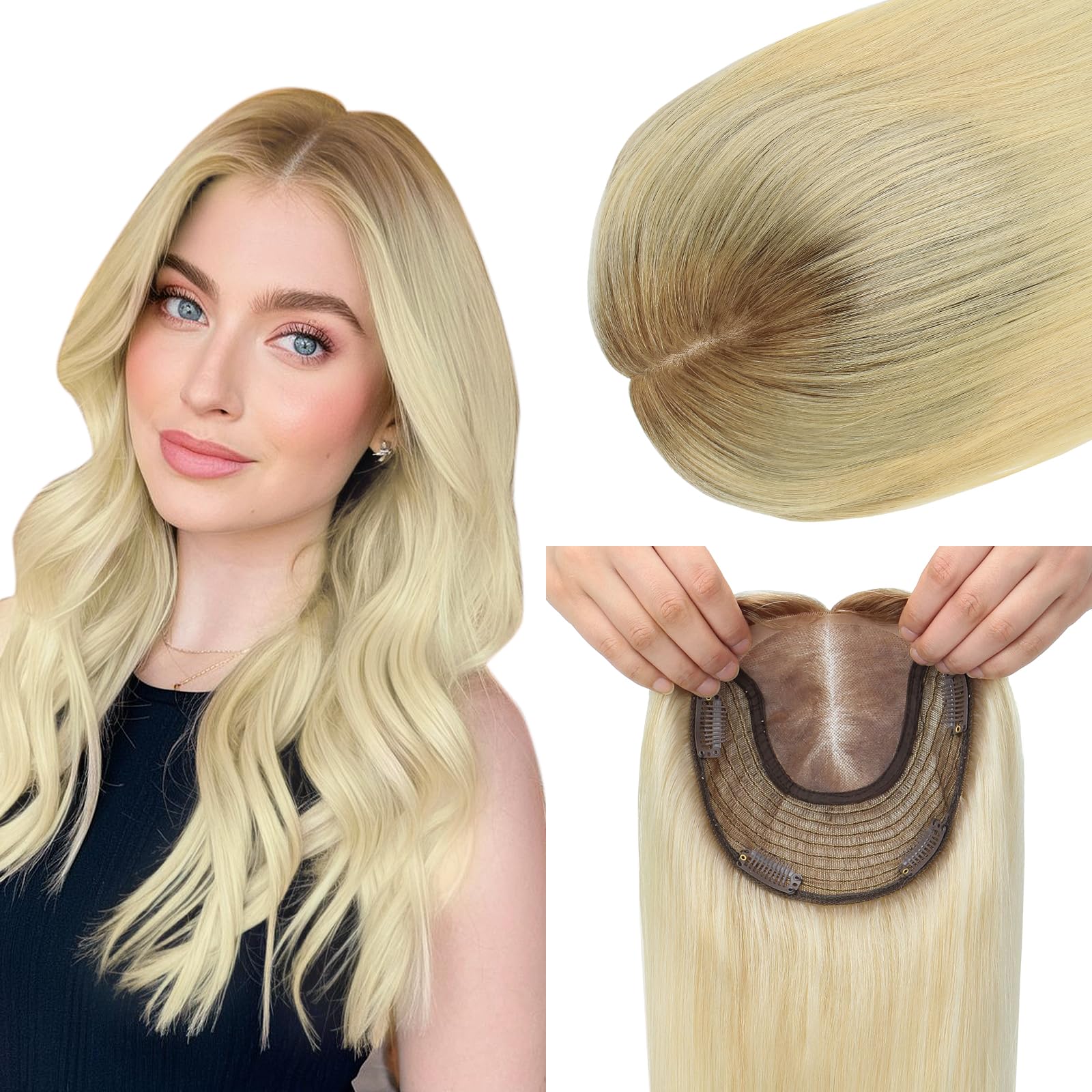 Photo 1 of kolala Hair Toppers for Women Real Human Hair 6x7 inch 150 Density Base 16 inch 75 grams Ash Brown to Platinum Blonde Topper for Women with Thinning Hair Cover Gray Roots?#8T60 16inch?