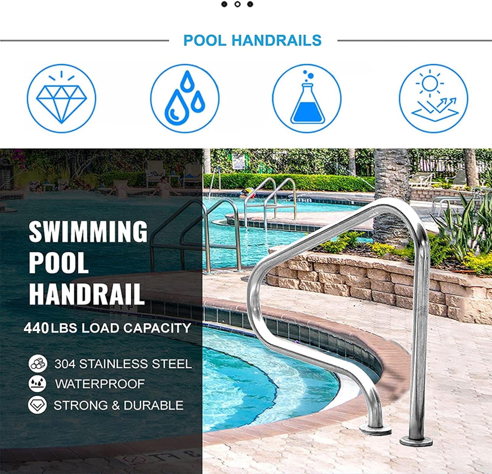Pasamanos de Seguridad para Piscina Pasamanos de Seguridad Resistentes para Piscina Pasamanos de Mano de fácil Montaje Riel de Piscina de 31.5 "Barandilla de Piscina, Acero inoxida