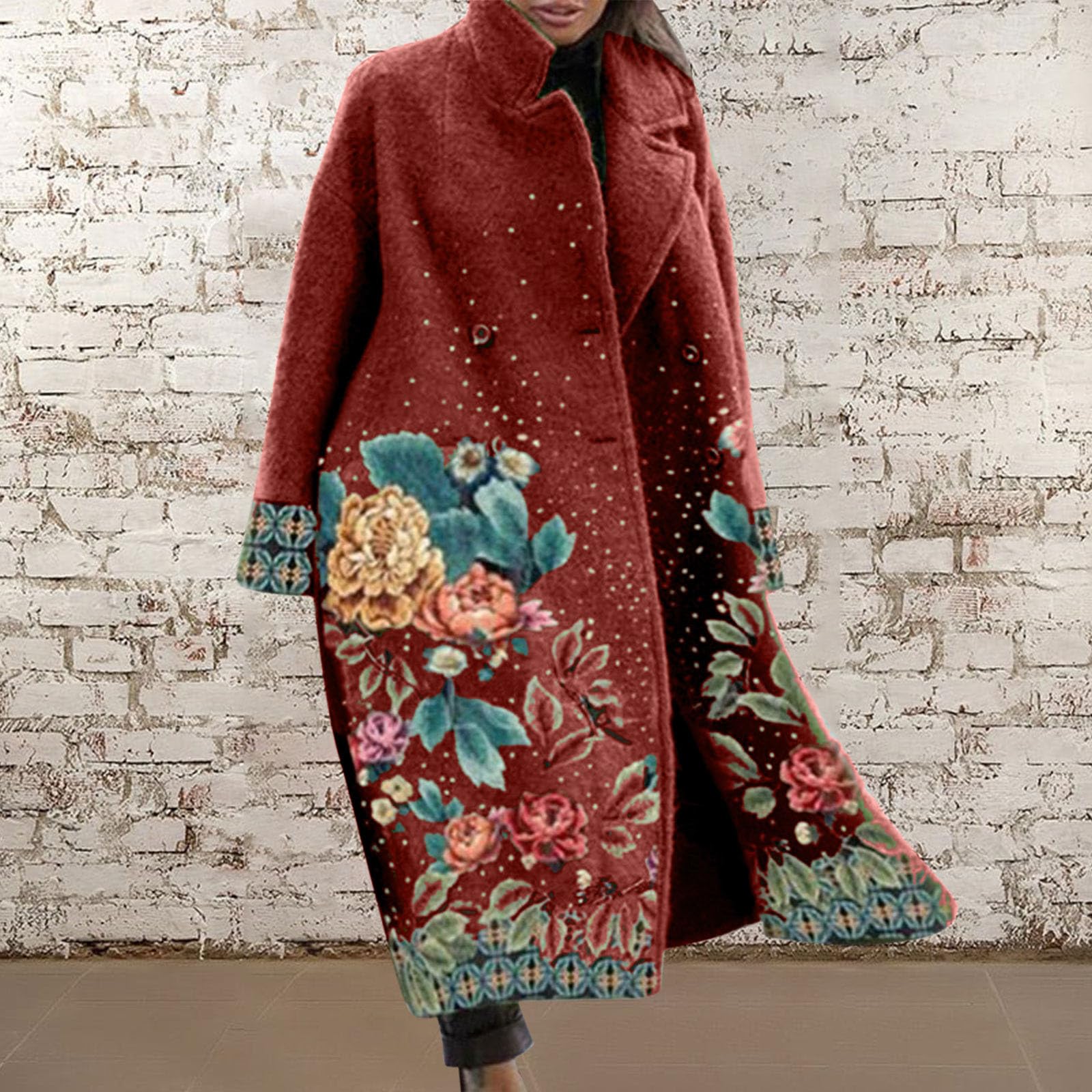 Generisch Chaqueta de invierno para mujer, cálida chaqueta de tweed con estampado floral, cuello alto, abrigo de invierno, ropa de exterior, gabardina resistente al viento, chaqueta vintage con