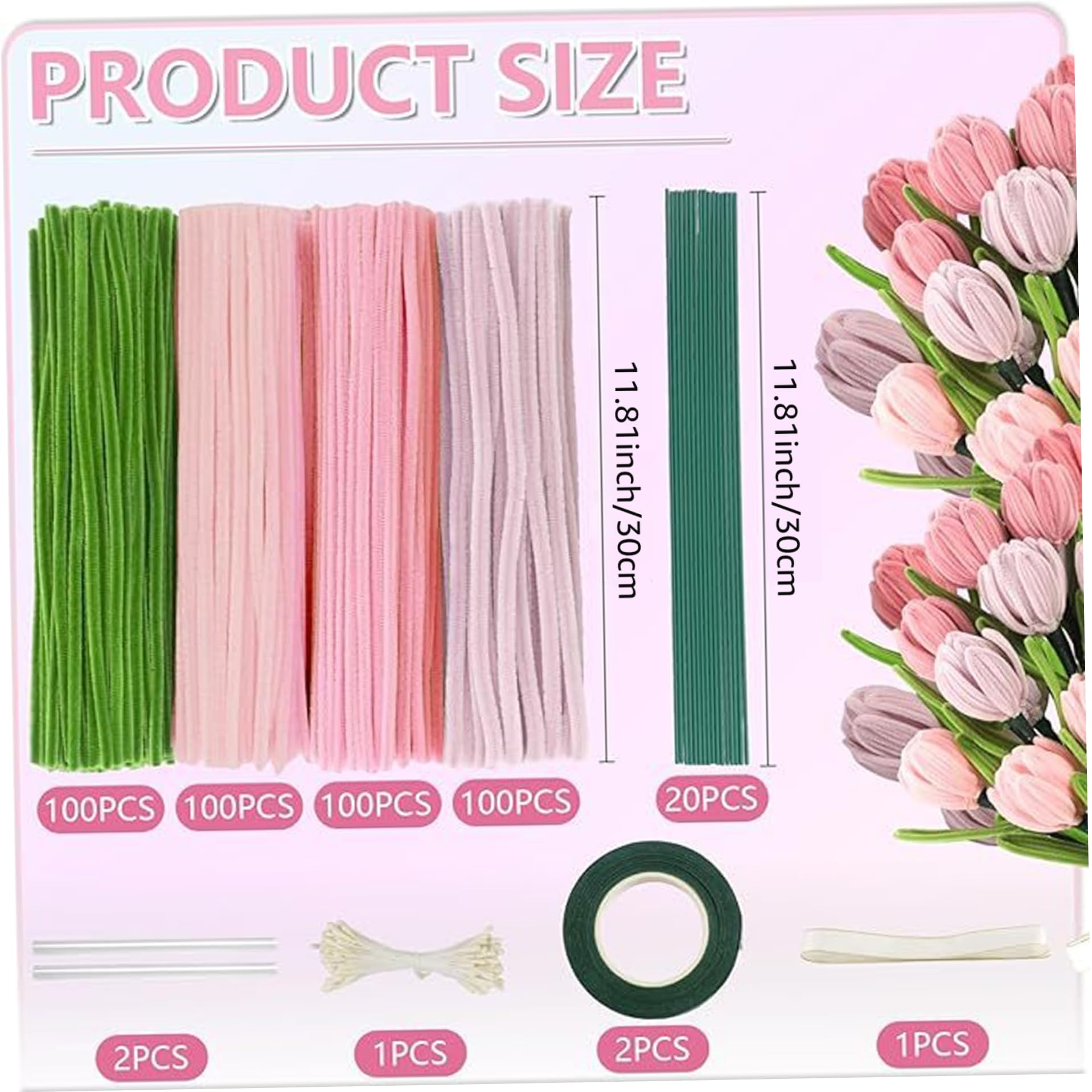 Pipe Cleaner Flower Kit, Cleaners Kit - 400 Pcs Pastel Tulips with Sticks & Accessories for DIY Craft, Floral Making