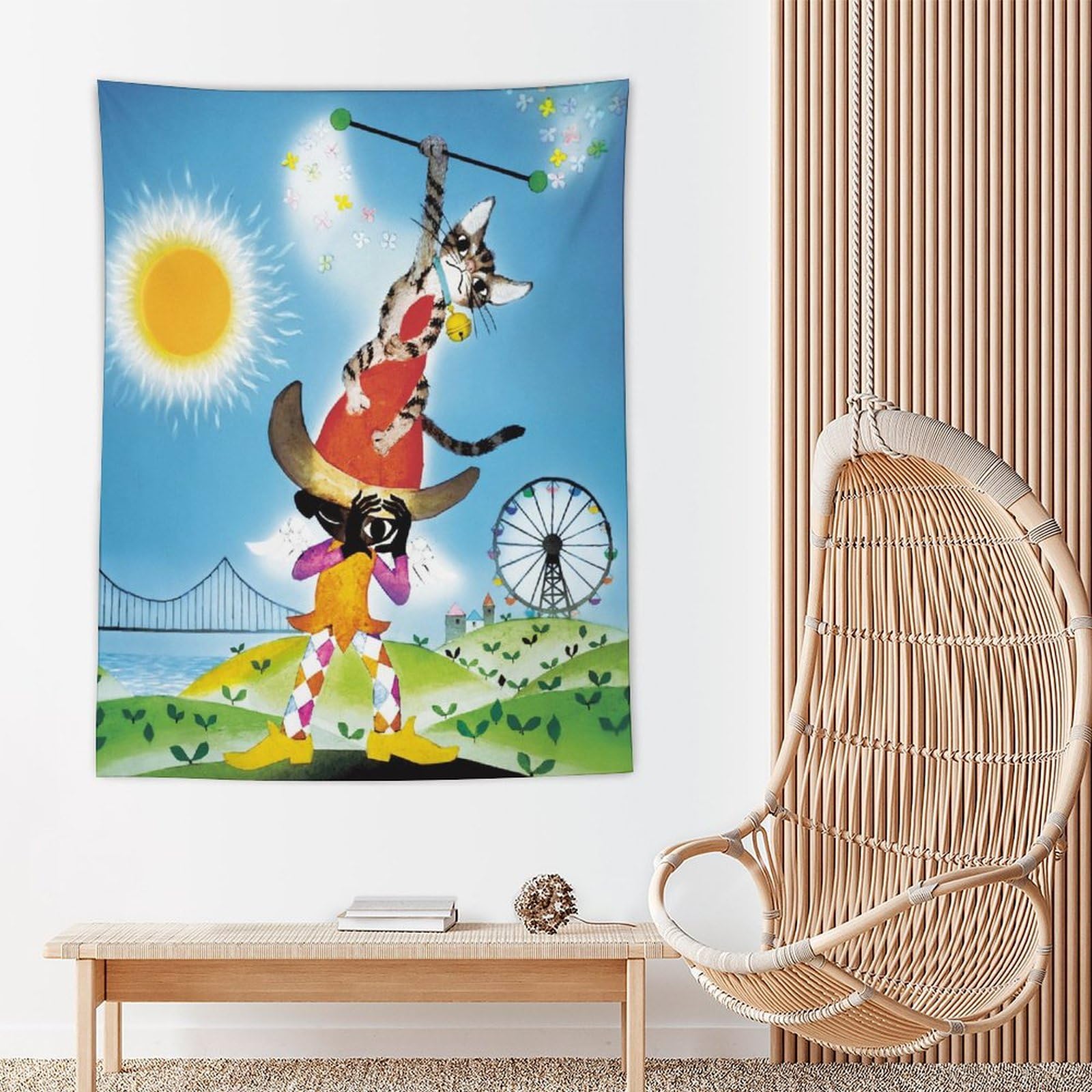 Amazon.co.jp: 藤城清治 幸せを呼ぶ猫 タペストリー 壁掛け 人気 布