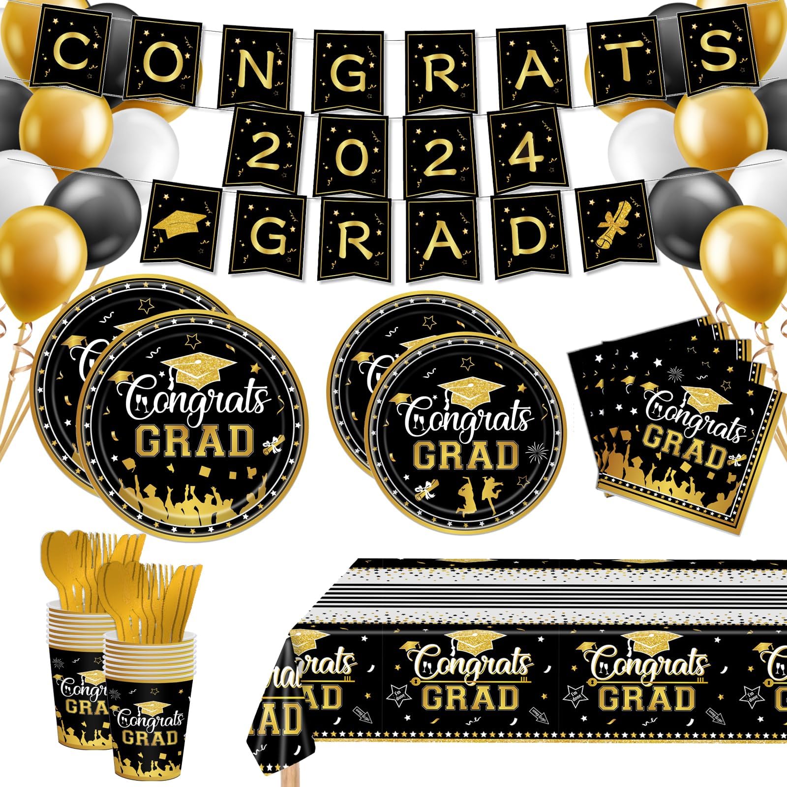 Graduation Party Decorations Class of 2024, Graduation Party Supplies Serves 24, Plates and Napkins Flatware Banner Balloons Tablecloth For Grad Decorations College High School, Black and Gold