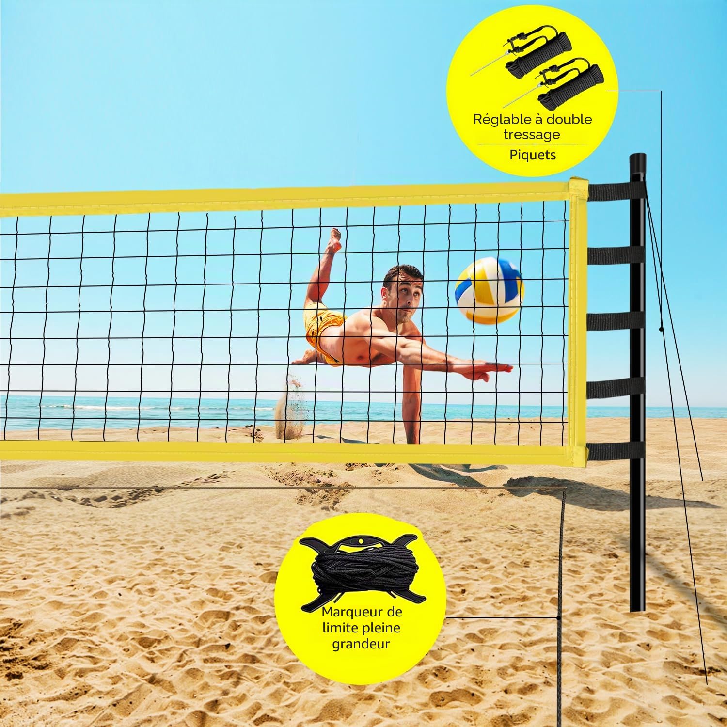 Ensemble de Filet de Volleyball 9.5m x 1m avec Poteau en Acier, Hauteur réglable