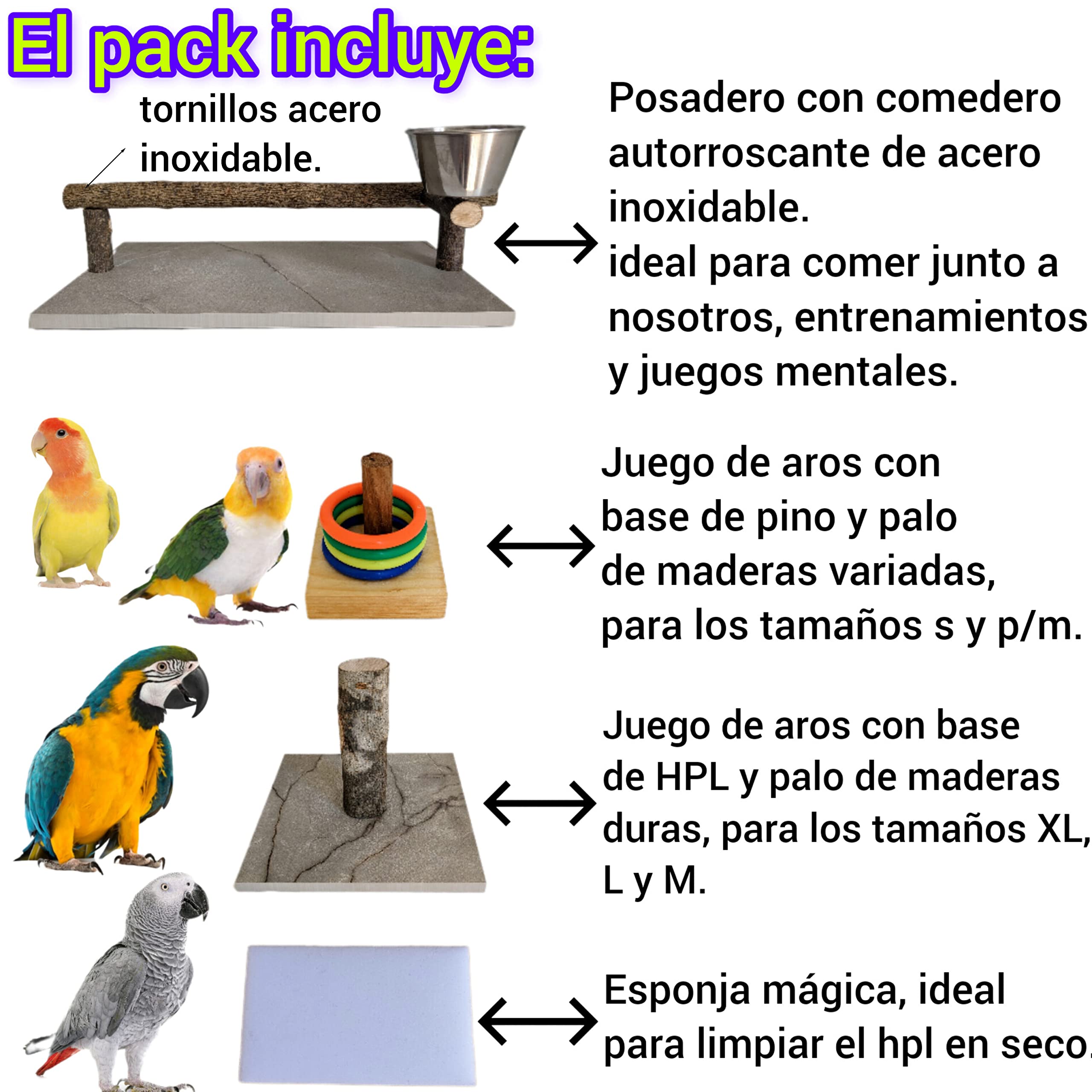 Pack posadero de mesa para loros, percha de guacamayo, cacatúa, base de hpl estable, juego interactivo yaco, comedero de ninfa inoxidable, CALIDAD PREMIUM. (Efecto mármol gris/negro, L)