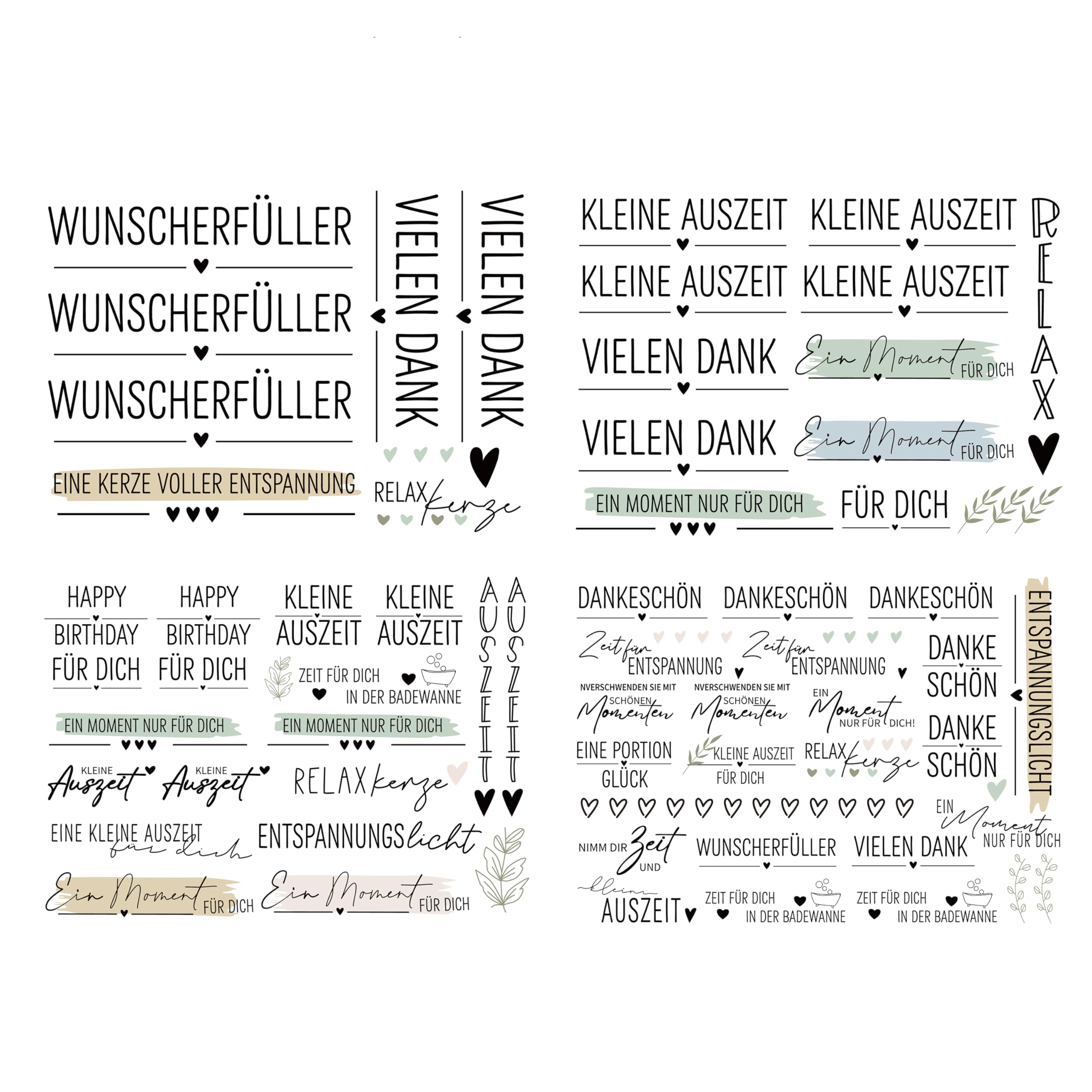 FloraVigo Rub On Sticker ca.A5 19x14cm-Spruch Deko zum Geburtstag, Keraflott, Hochzeit, Zuhause, Wischfolie für Möbel, Glas, Holz, Fotoalbum, DIY Deko, Aufkleberästhetik(4PCS) (KLEINE AUSZEIT)