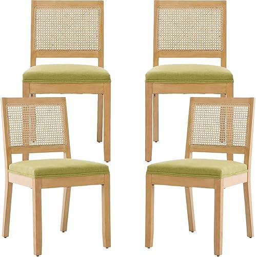 Miniatura 38 de French Country - Juego de 4 sillas de comedor de ratán beige, sillas de comedor de madera con respaldo de caña y asiento tapizado de lino, marco de