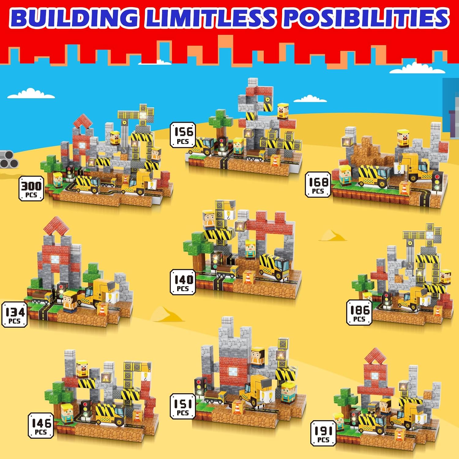 300PCS Magnetic Building Blocks Construction Set for Kids, STEM Engineering Toys for Boys Girls 3 4 5 6 7 8-12 Year Old, Montessori Magnet Cubes & Blocks, Birthday Easter Gifts & Basket Stuffers