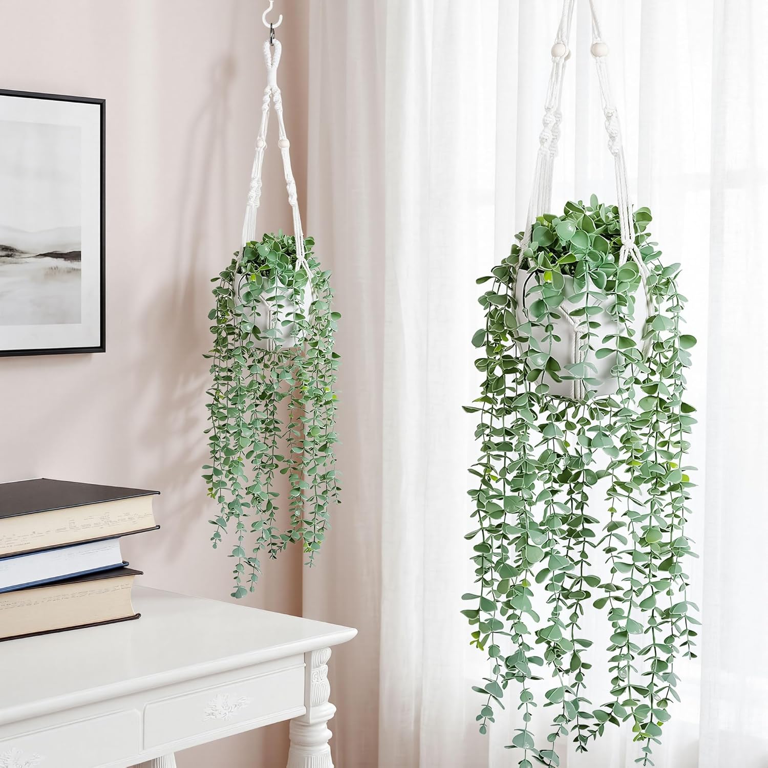 DREAMLOOM 2 Packs Fake Hanging Plants with Pots, Artificial Eucalyptus Hanging Plants with Macrame Hanger for Indoor Decor, Fake Hanging Vines Faux Greenery for Home Kitchen Office