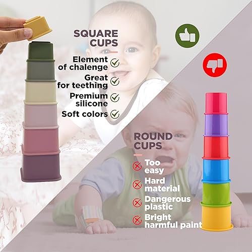 Miniatura 2 de QOOB SPIN Juego de 7 tazas apilables para bebé, tazas cuadradas de silicona para anidar, juguetes Montessori para bebés, bloques apilables para