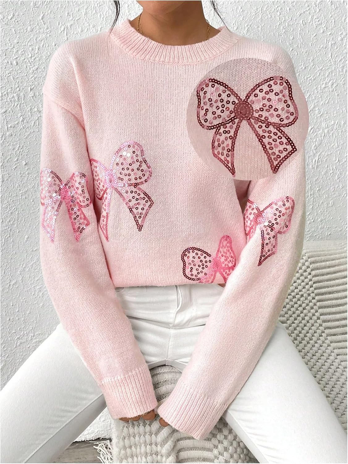 Verdusa Women's Sequin Bow Sweater Coquette Drop Shoulder Pullover Knit Tops - Image 3