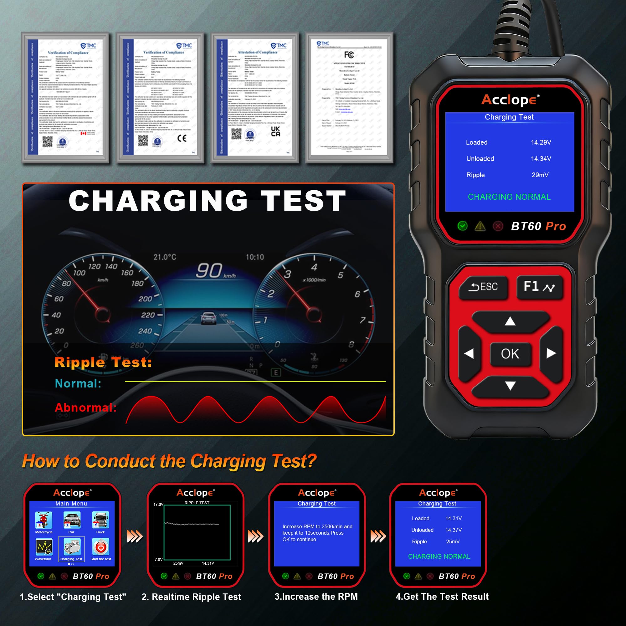 BT60 Pro Tester Digitale per Batterie Auto, CCA 100-3000, Analizzatore 6V 12V 24V, Sistema di Diagnostica Alternatore per Auto, Moto, Camion, Compatibile con AGM, Litio, Gel