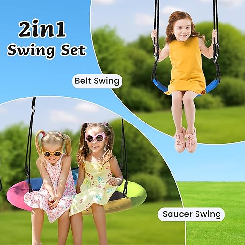 Miniatura 4 de EROMMY Columpio de platillo con marco para niños al aire libre, juegos de columpio de 440 libras para patio trasero con platillo de 39.4 pulgadas y