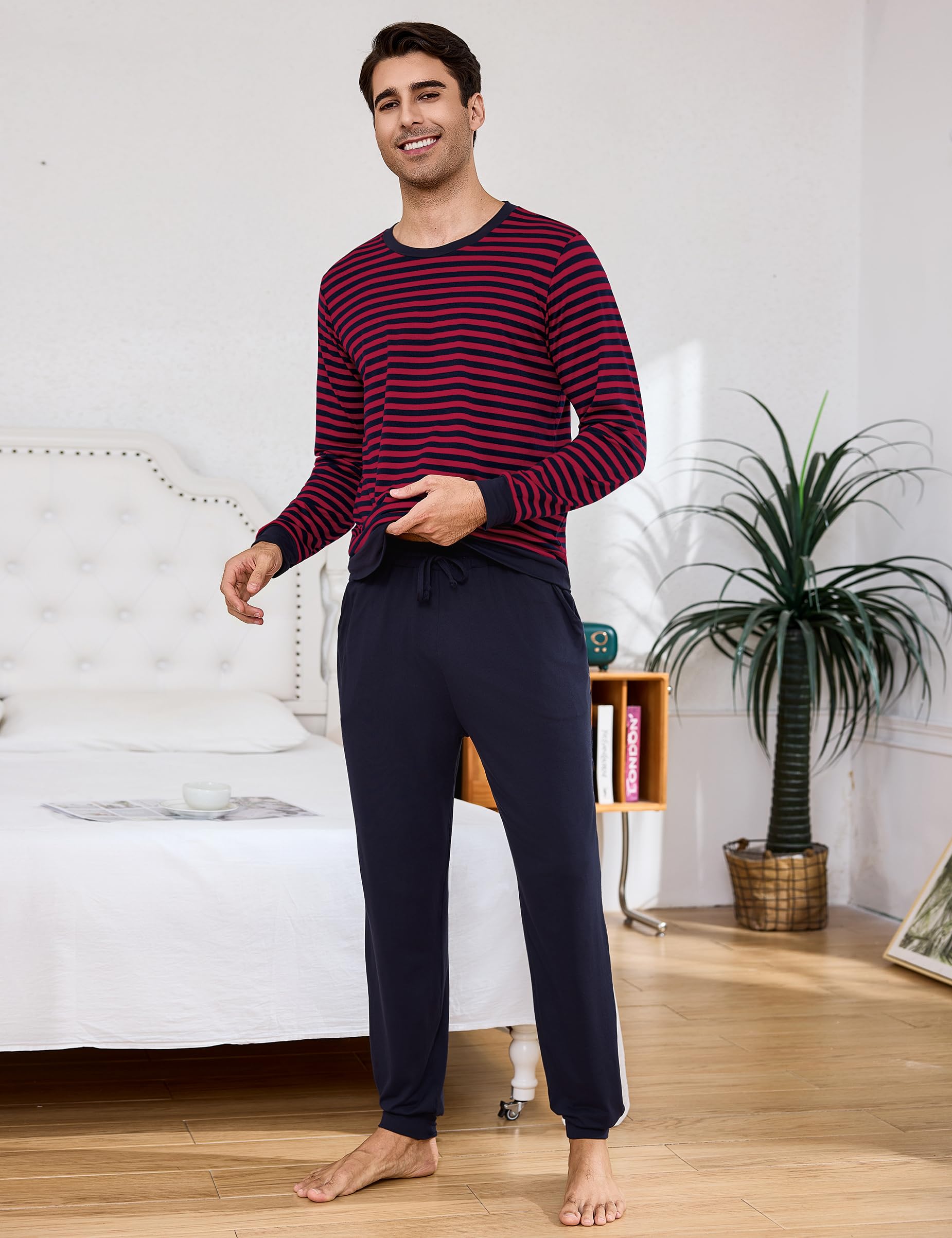 Bresdk Pijama Hombre Invierno Algodon Manga Larga Conjunto de Pijama a Rayas Dos Piezas Pijamas Largos Cuello Redondo S-3XL