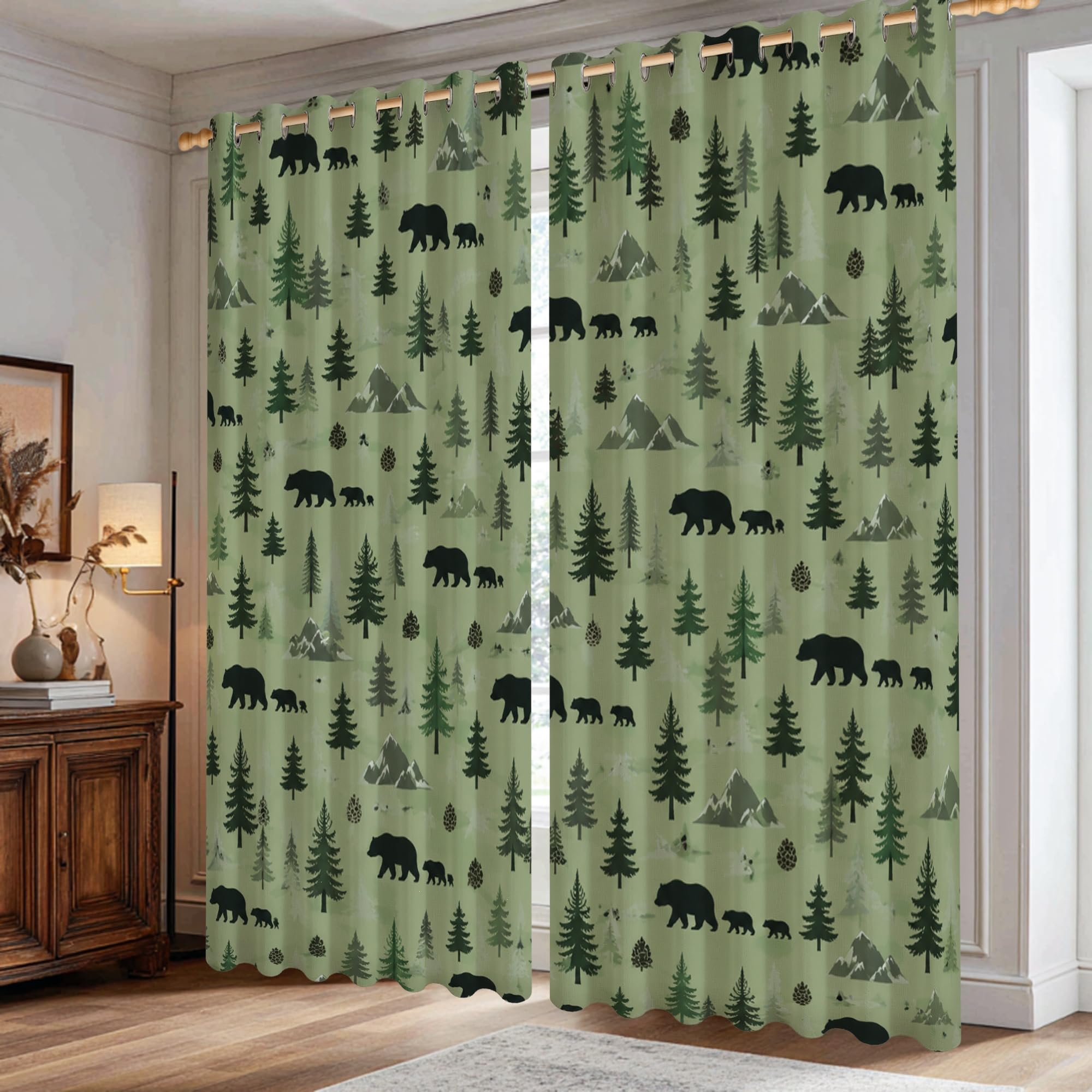 Rideaux occultants ours et montagne vert automne de 106x213 cm pour obscurité totale du salon