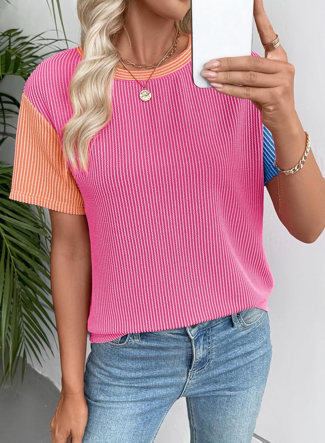 EVALESS Women's Short Sleeve T Shirts Ribbed Knit Crewneck Multicolour Block Tee Blouses Spring Tops 2026 Trendy - Image 5