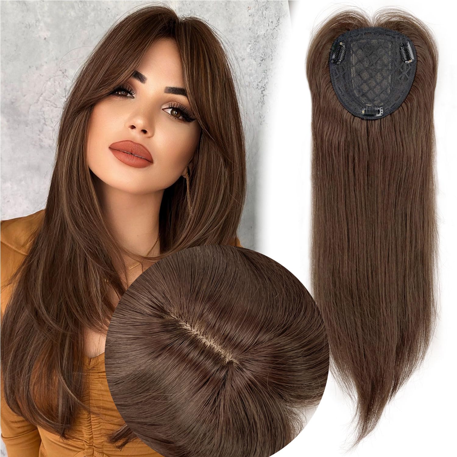 Adancyler Long Top Piece Clip in Synthetic Medium Brown Hair Toppers Hair Pieces with Bangs for Women with Thinning Hair(18 inches,Medium Brown)