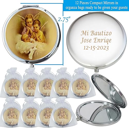 Miniatura 2 de WE Baby Guardian Angel (12 PCS) Grabado láser personalizado Mi Bautzio, bautismo, bautizo doble espejo Compacto Favores