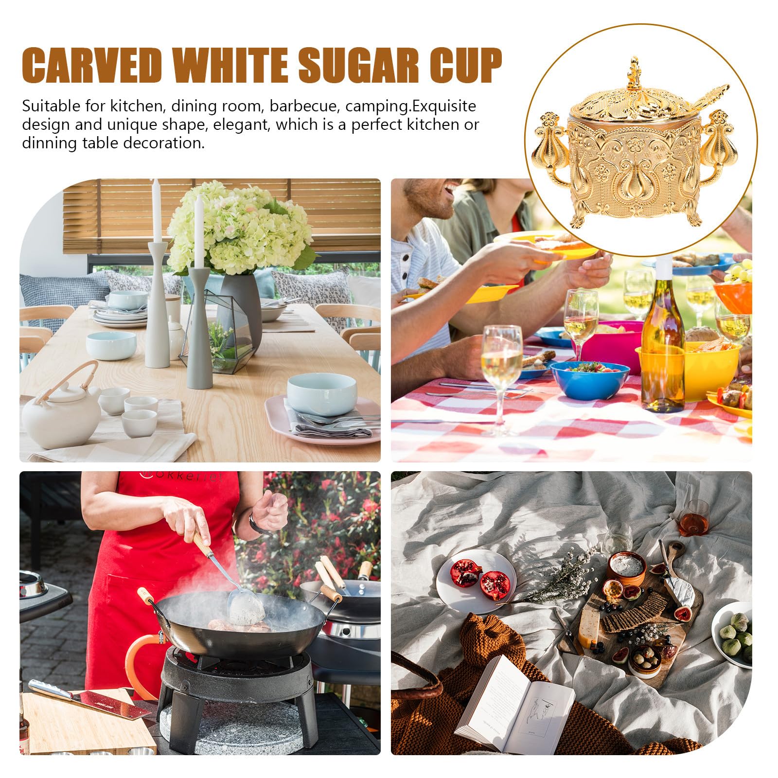 Ipetboom Sucrier Cuisine en Métal Or avec Cuillère, Style Européen Élégant, Bol à Sucre avec Couvercle pour Maison et Restaurant, Accessoire de Rangement Pratique