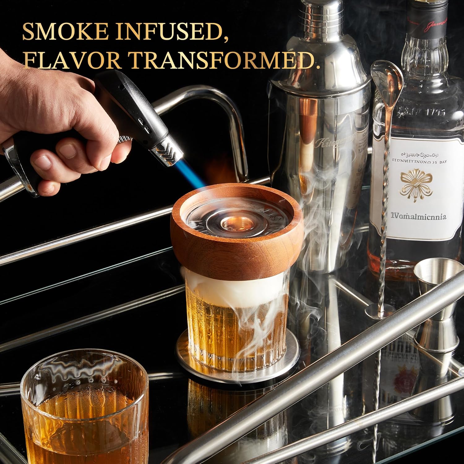 KITESSENSU Whiskey Smoker Kit with Torch – 6 Flavors Wood Chips – Old Fashioned Bourbon Cocktail Smoker Kit, Anniversary & Birthday Gifts for Men(NO Butane)