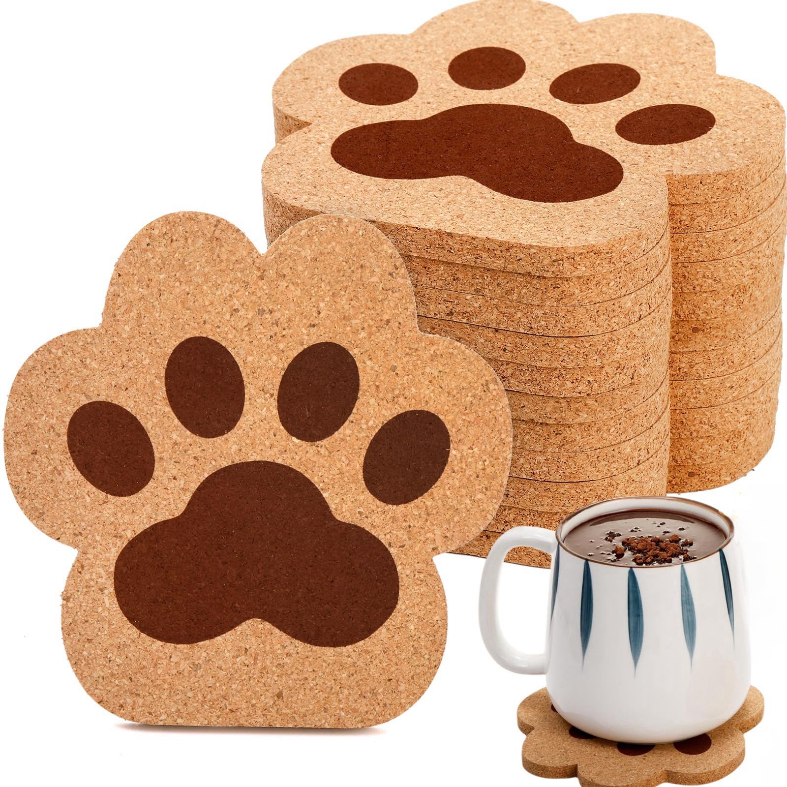 Tlence 12 Pack Cork Coasters for Drinks, 4.7" Absorbent Cup Mat Set, Heat Resistant Kitchen Coasters, Reusable Cat Paw Shape Table Protection Trivet