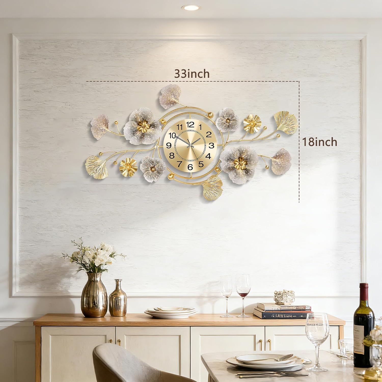 Wall Clock, Clocks for Living Room, Silent Wall Clock Decorative, 3D Retro Metal Ginkgo Leaf Design, for Office Bedroom Kitchen Clock(33''x18'')