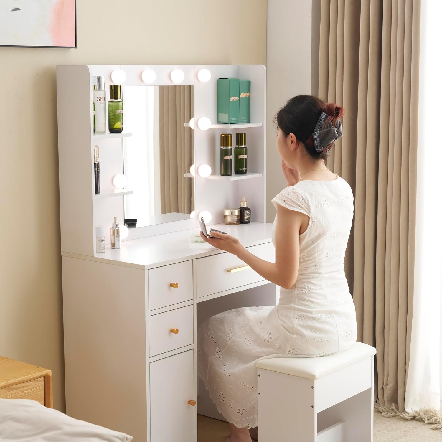 ドレッサー 化粧台 テーブル 鏡台 ライト付き 3色LED ドライヤーホルダー コンセント付き 女優ミラー 引き出し 収納 椅子 セ
