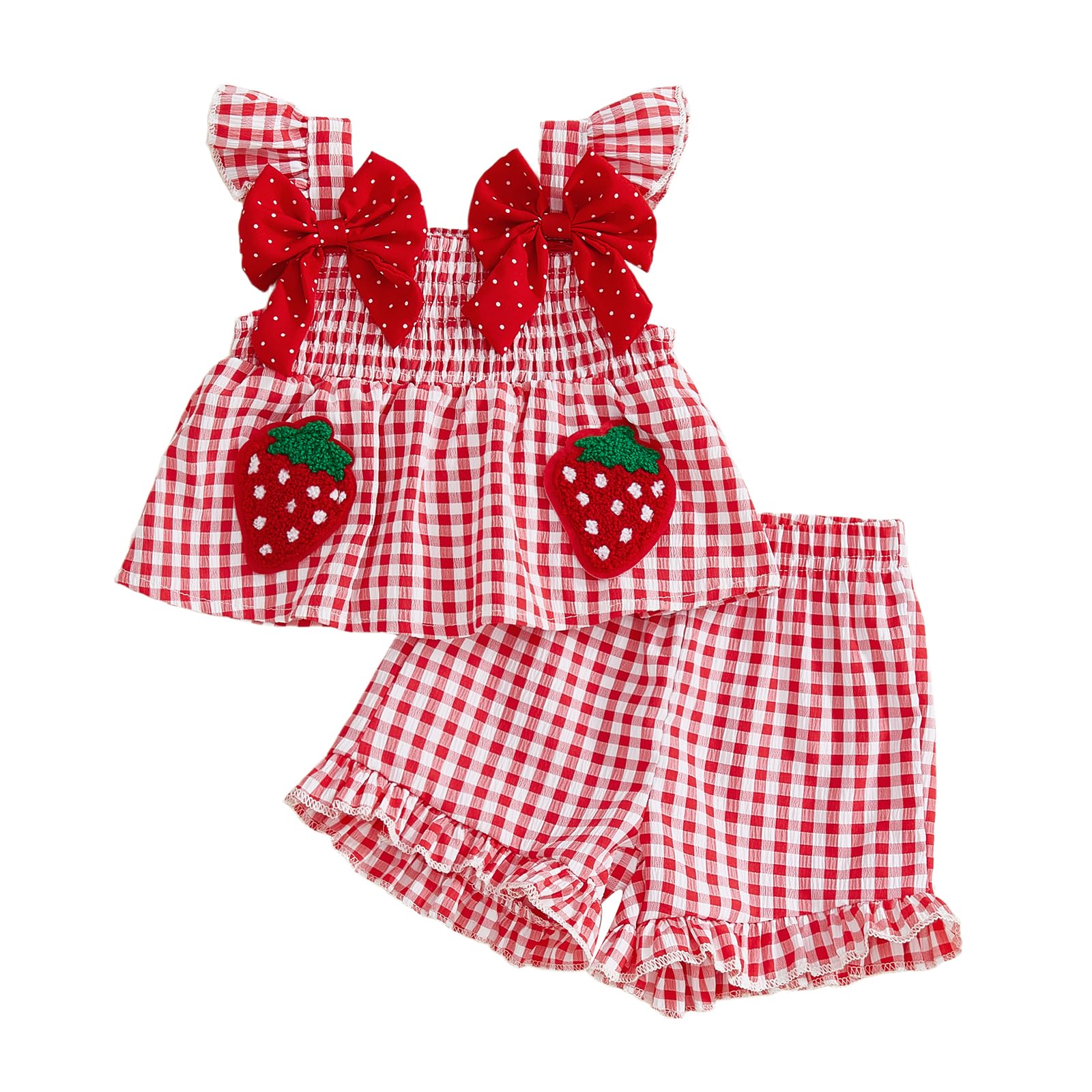 Toddler Baby Girl Summer Clothes Infant Girl Plaid Outfit Strawberry Ruffle Gingham Shirts Dress Tank Top Shorts Set