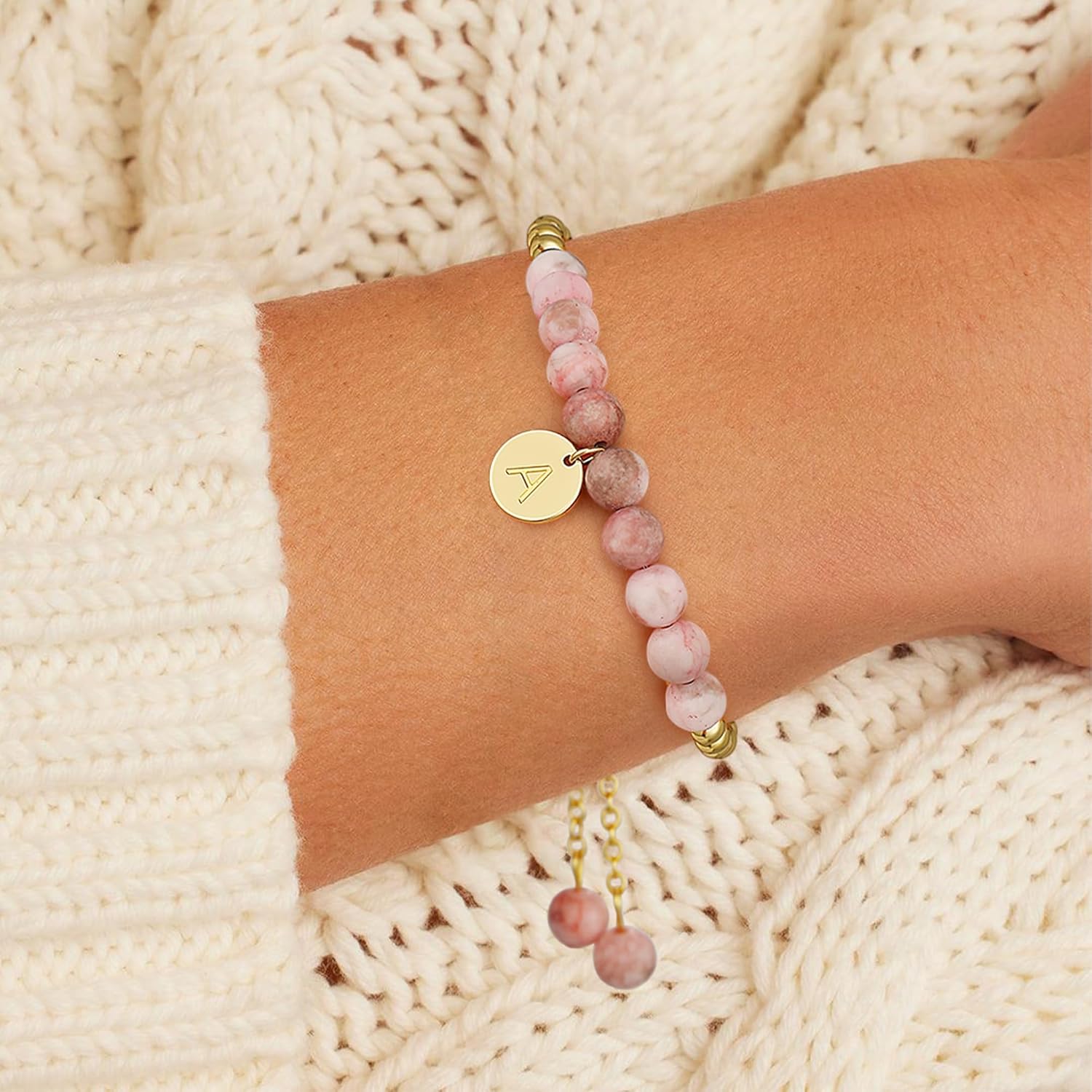 Ritach Initial Bracelets for Girls Kids - Pink Zebra Natural Stone Bracelet Real Gold Plated Beaded Bracelets Adjustable Disc Initial Bracelets for Girls Kids Teen Girl Gifts - Image 2