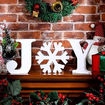 Soaoo 3-Piece Wooden Snowflake Block Letters Distressed White Tabletop Signs for Home Decor Xmas Table Decorations